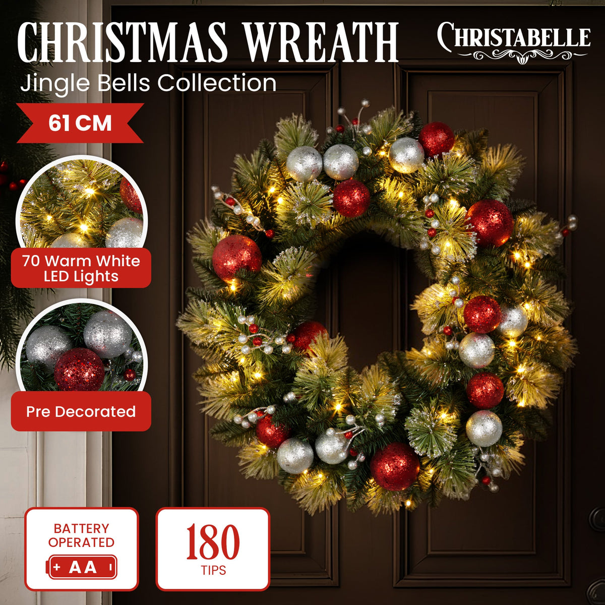 Christabelle 61cm Christmas Wreath with LED Lights Baubles Berries Red Silver Front Door Decoration
