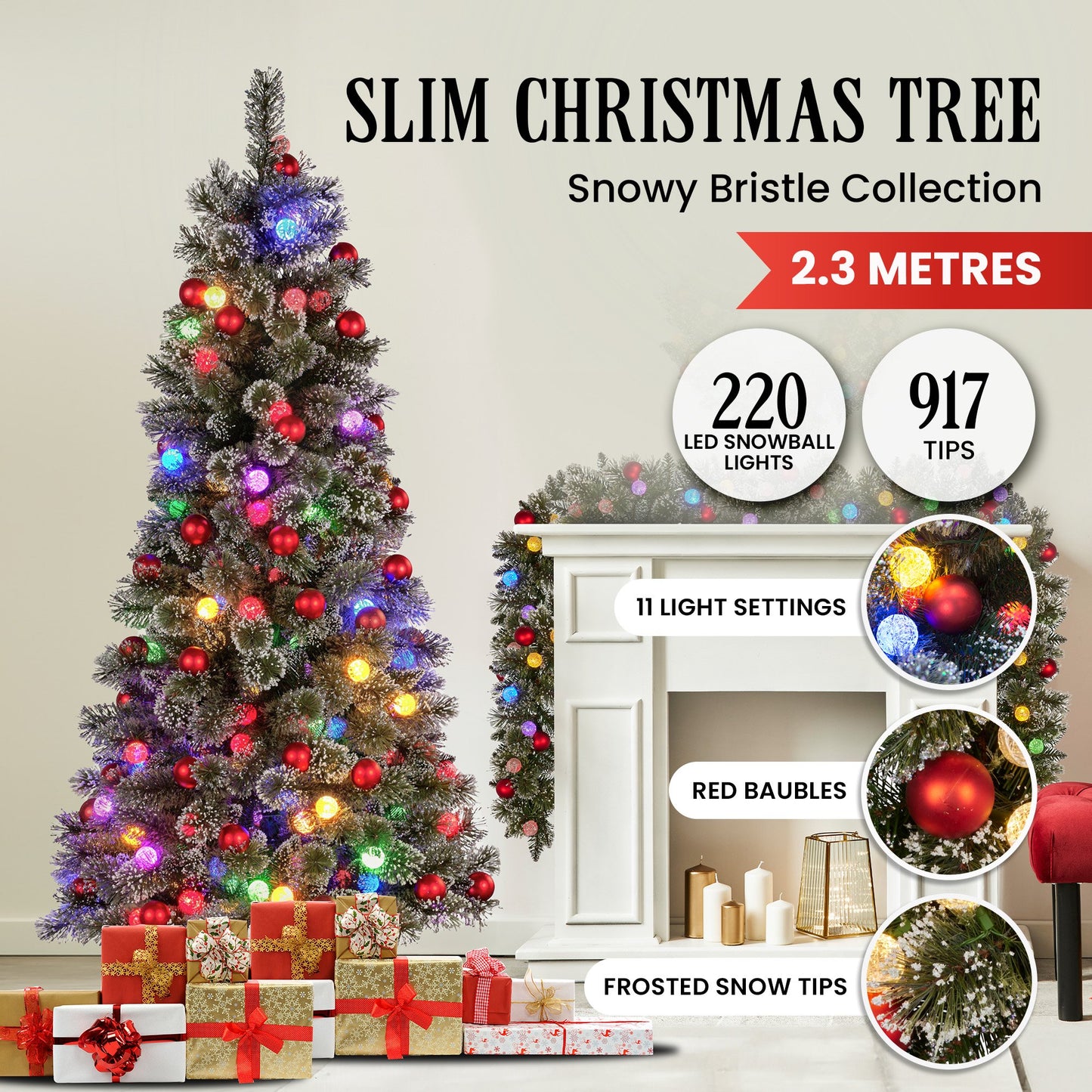 Christabelle Snowy Bristle 2.3m Slim Multicolour Pre-Lit Christmas Tree with 917 Tips
