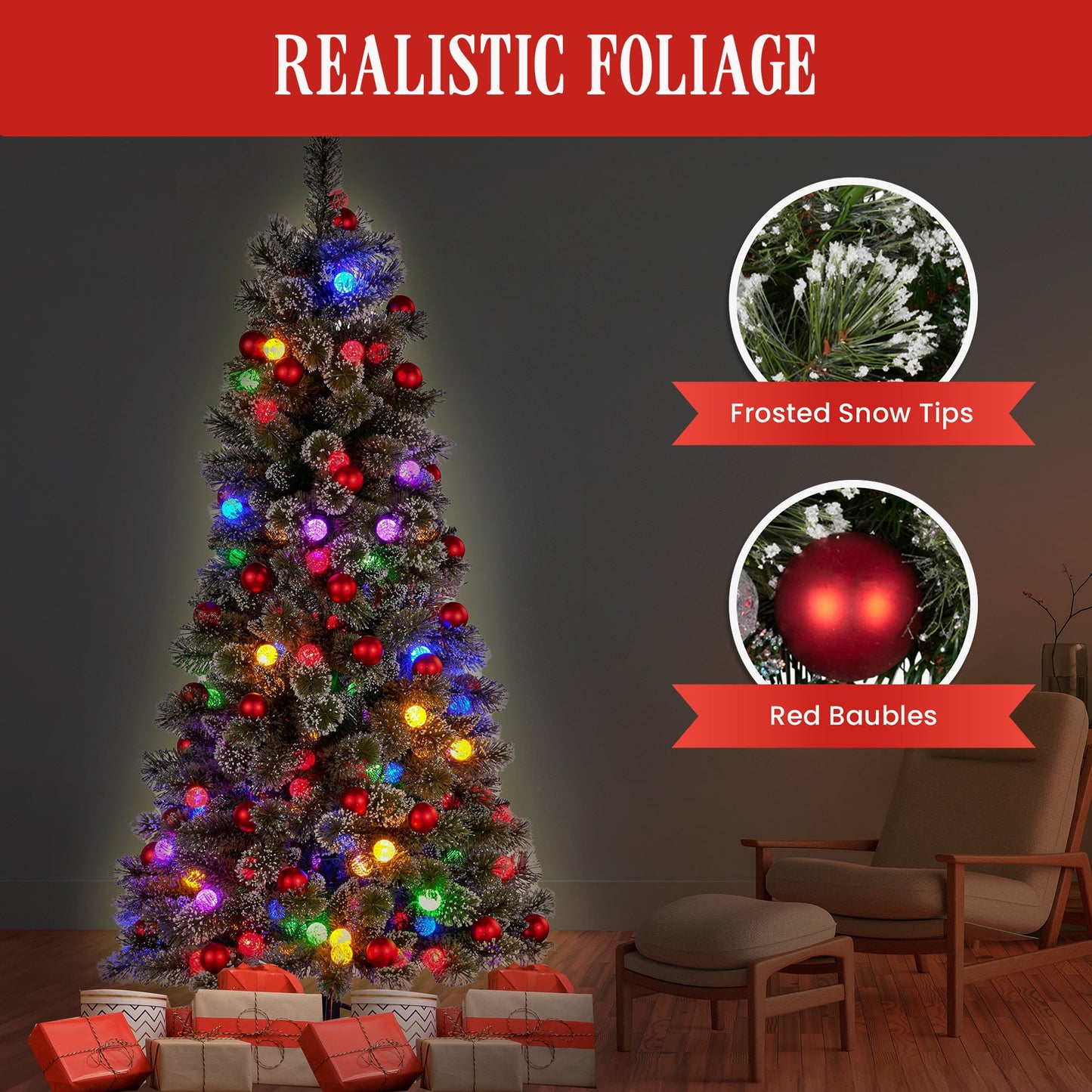 Christabelle Snowy Bristle 2.3m Slim Multicolour Pre-Lit Christmas Tree with 917 Tips