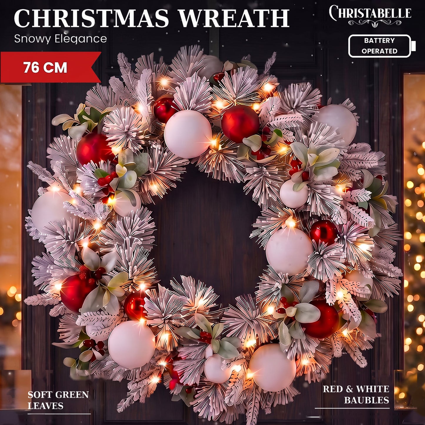 Christabelle 76cm Snowy Elegance Christmas Wreath Pre Lit Warm White LED Red Baubles Berries Front Door Xmas Decoration