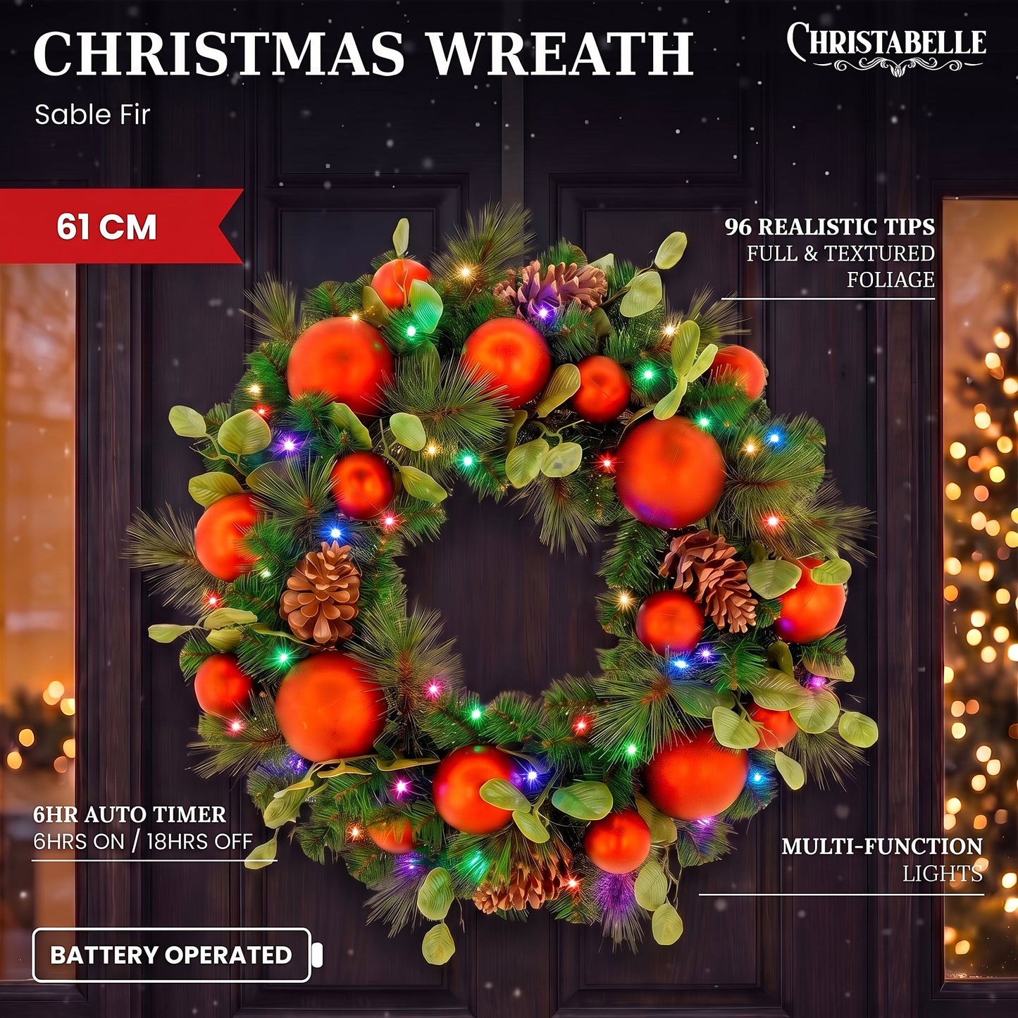 Christabelle 61cm Sable Fir Christmas Wreath Pre Lit Multi Function LED Eucalyptus Pine Cones Red Baubles Home