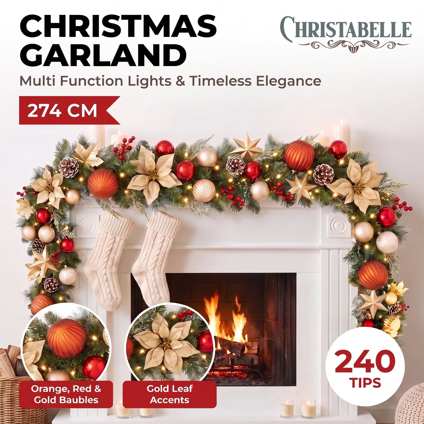 Christabelle 2.74m Timeless Elegance Christmas Garland Pre Lit Multi Function LED Gold Red Baubles Pine Cones Timer Home