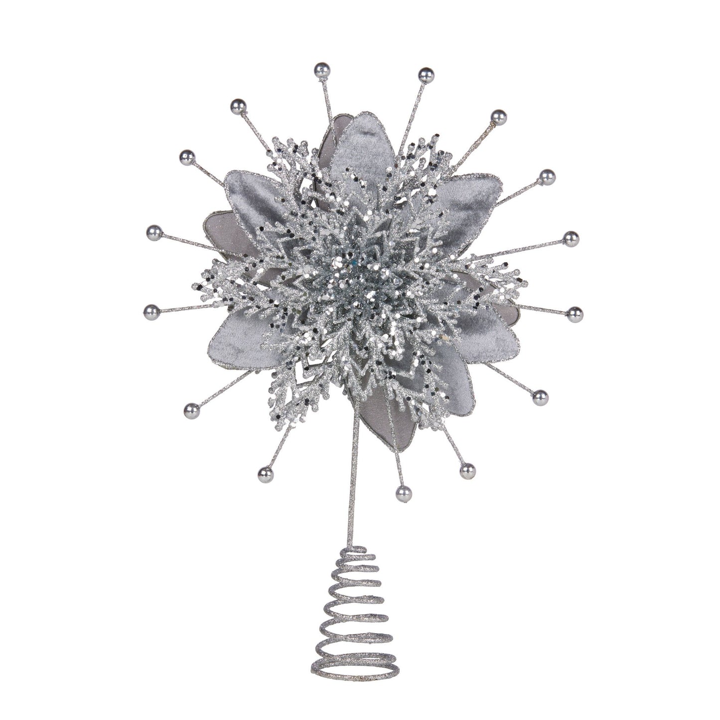 Christabelle Christmas Tree Topper Poinsettia Decoration Ornament Shimmering Silver Glittered Petals