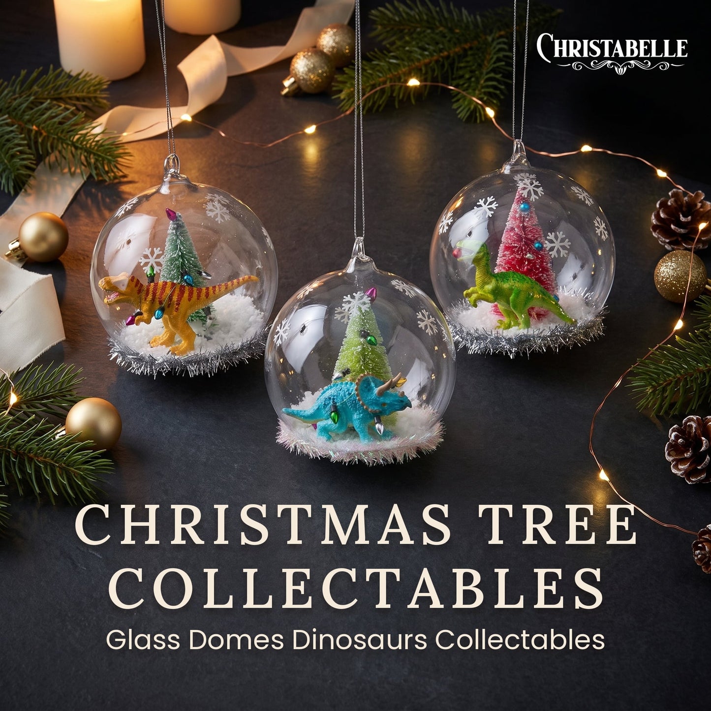 Christabelle 3 Glass Dome Christmas Ornaments Dinosaur Novelty Figures 11cm Xmas Tree Decorations Hanging Baubles