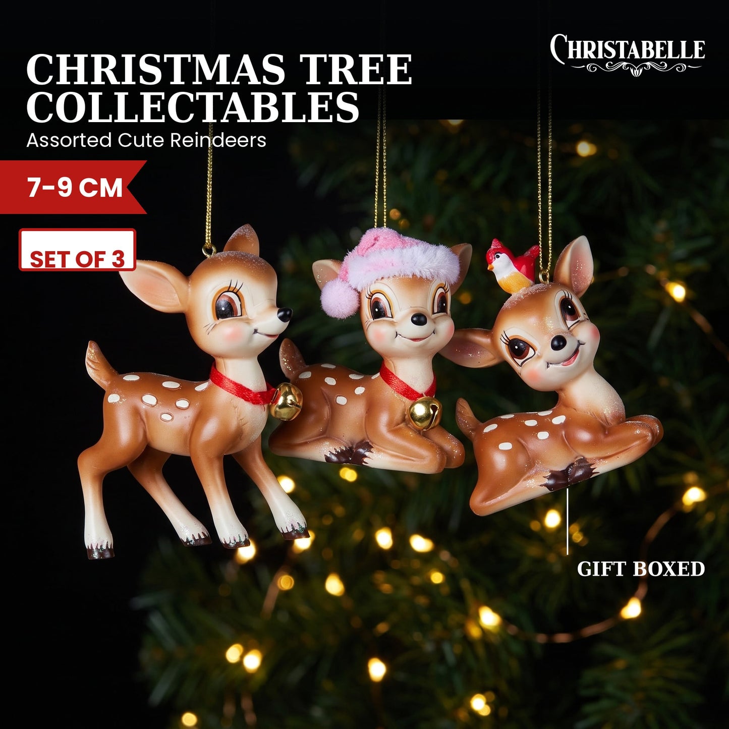 Christabelle 3 Reindeer Christmas Ornaments Assorted Cute Novelty Figures 9cm Xmas Tree Decorations Hanging Baubles