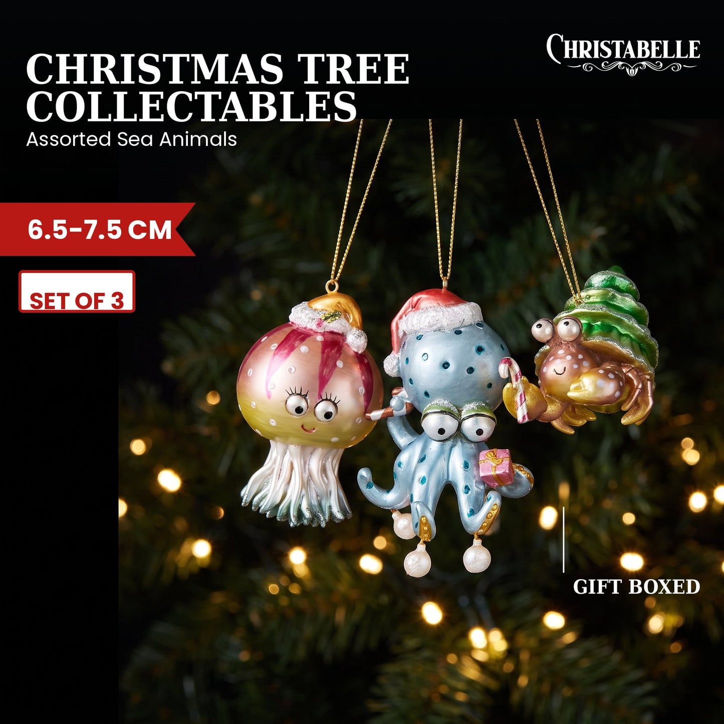 Christabelle 3 Sea Animal Christmas Ornaments Assorted Novelty Figures 7.5cm Xmas Tree Decorations Hanging Baubles