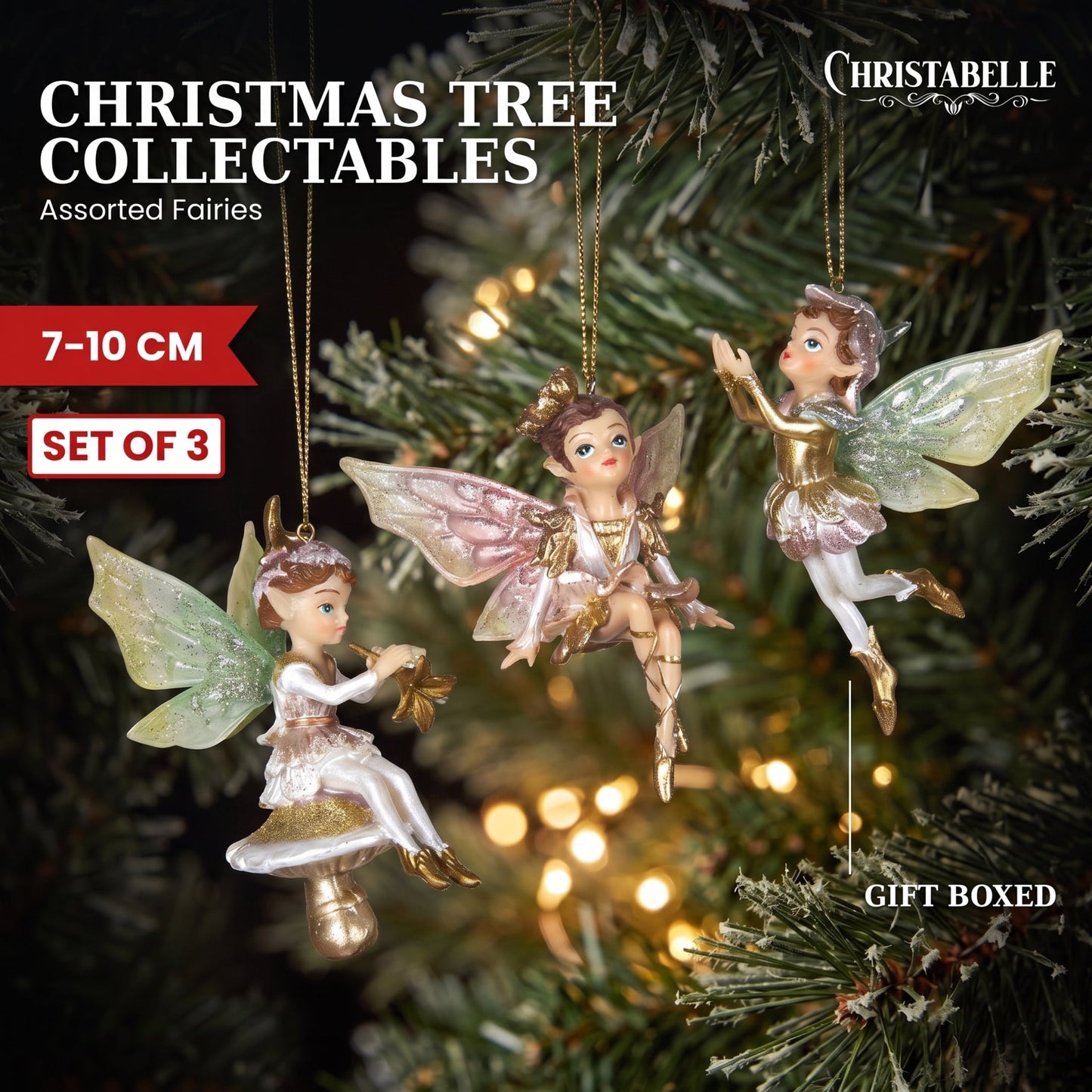 Christabelle 3 Fairy Christmas Ornaments Assorted Novelty Figures 10cm Xmas Tree Decorations Hanging Baubles