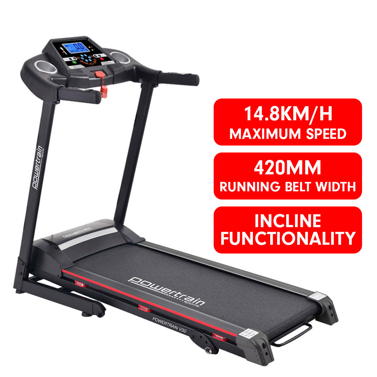 Powertrain V30 Foldable Treadmill 420mm Running Belt 14.8kmh Speed 3 Level Incline12 Programs USB AUX