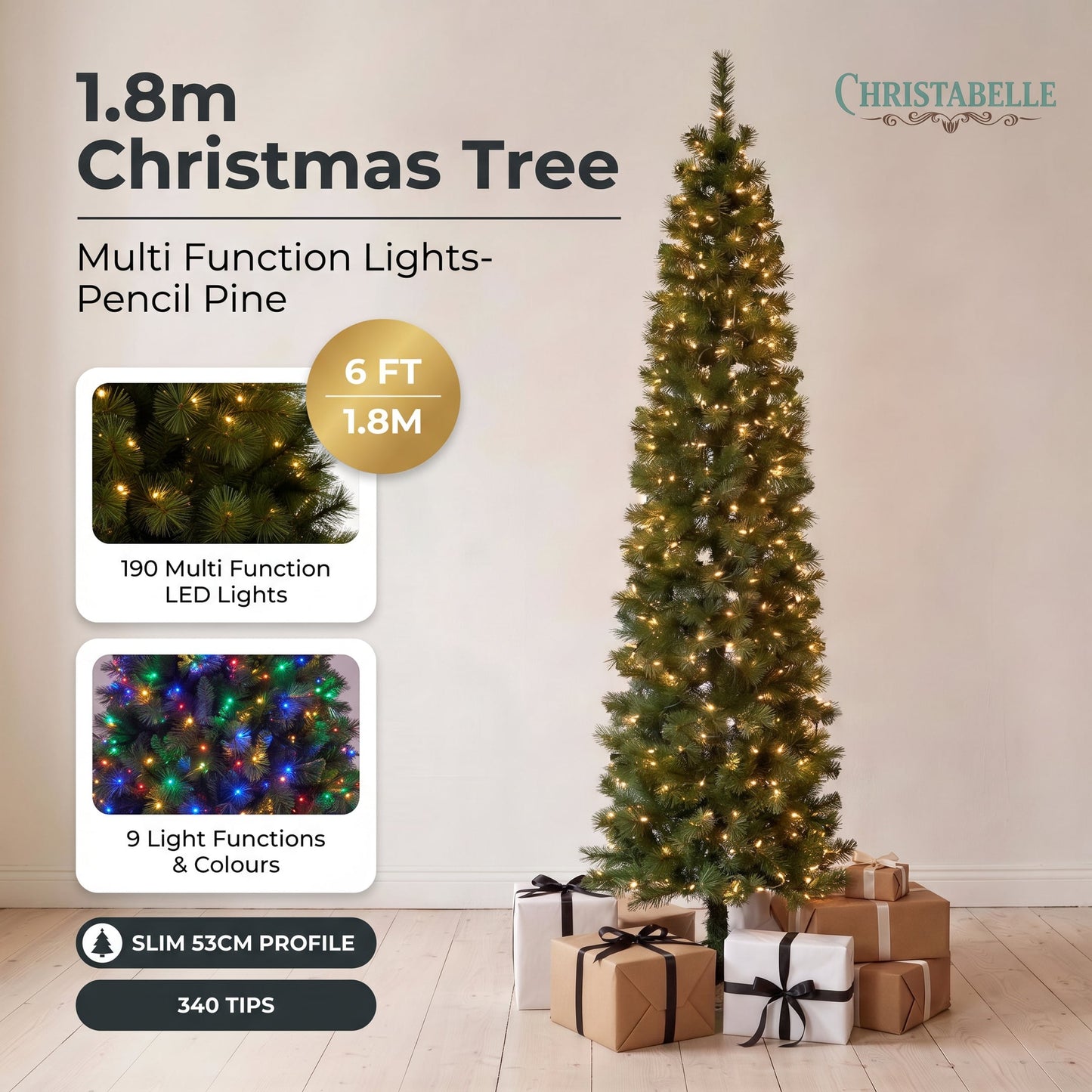 Christabelle 1.8m 6ft Pencil Pine Christmas Tree Pre Lit Multi Function LED Slim Artificial Indoor Xmas Decor Home