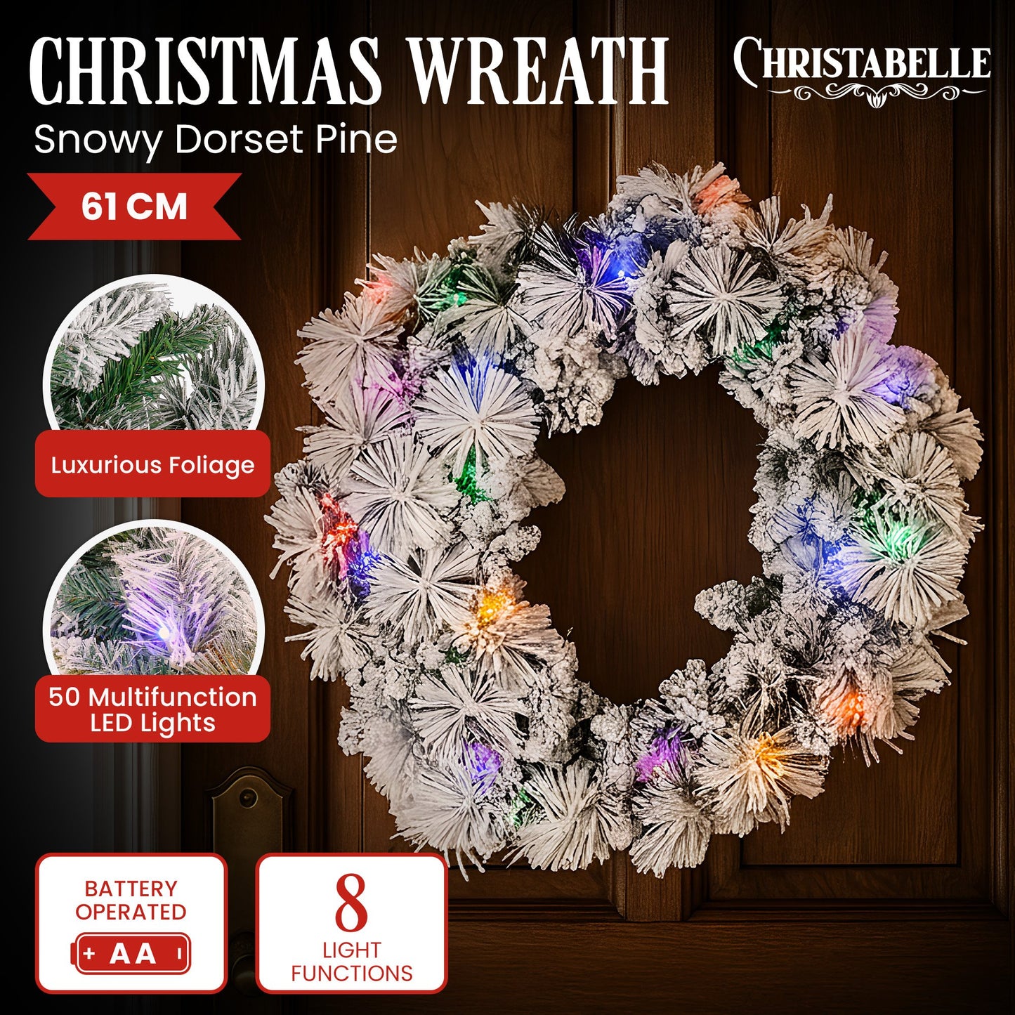 Christabelle 61cm Christmas Wreath Snowy Dorset Pine with Multi-Function LED Lights Tree Door Decoration Ornament