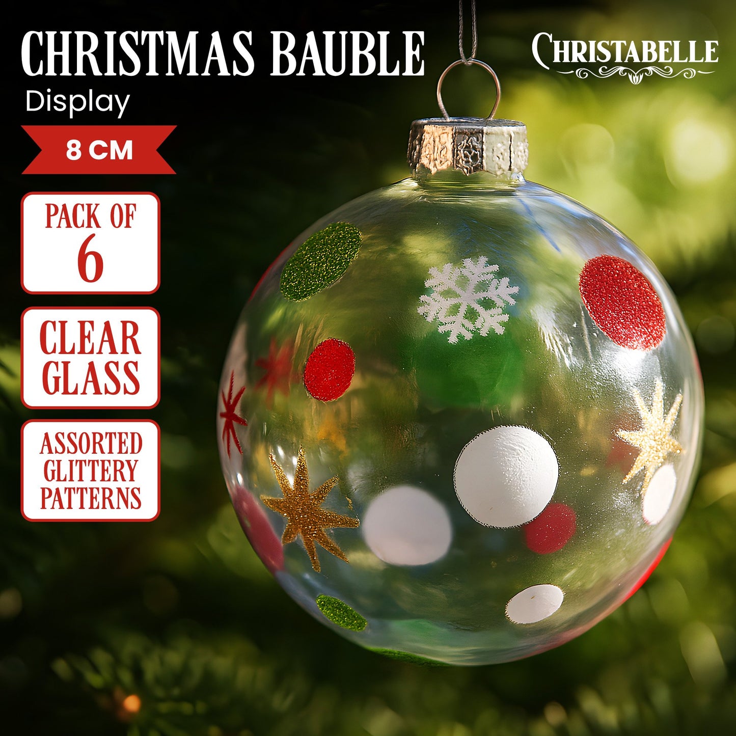 Christabelle Glass Baubles 6 Pcs with Assorted Patterns Balls Christmas Tree Decoration Ornament