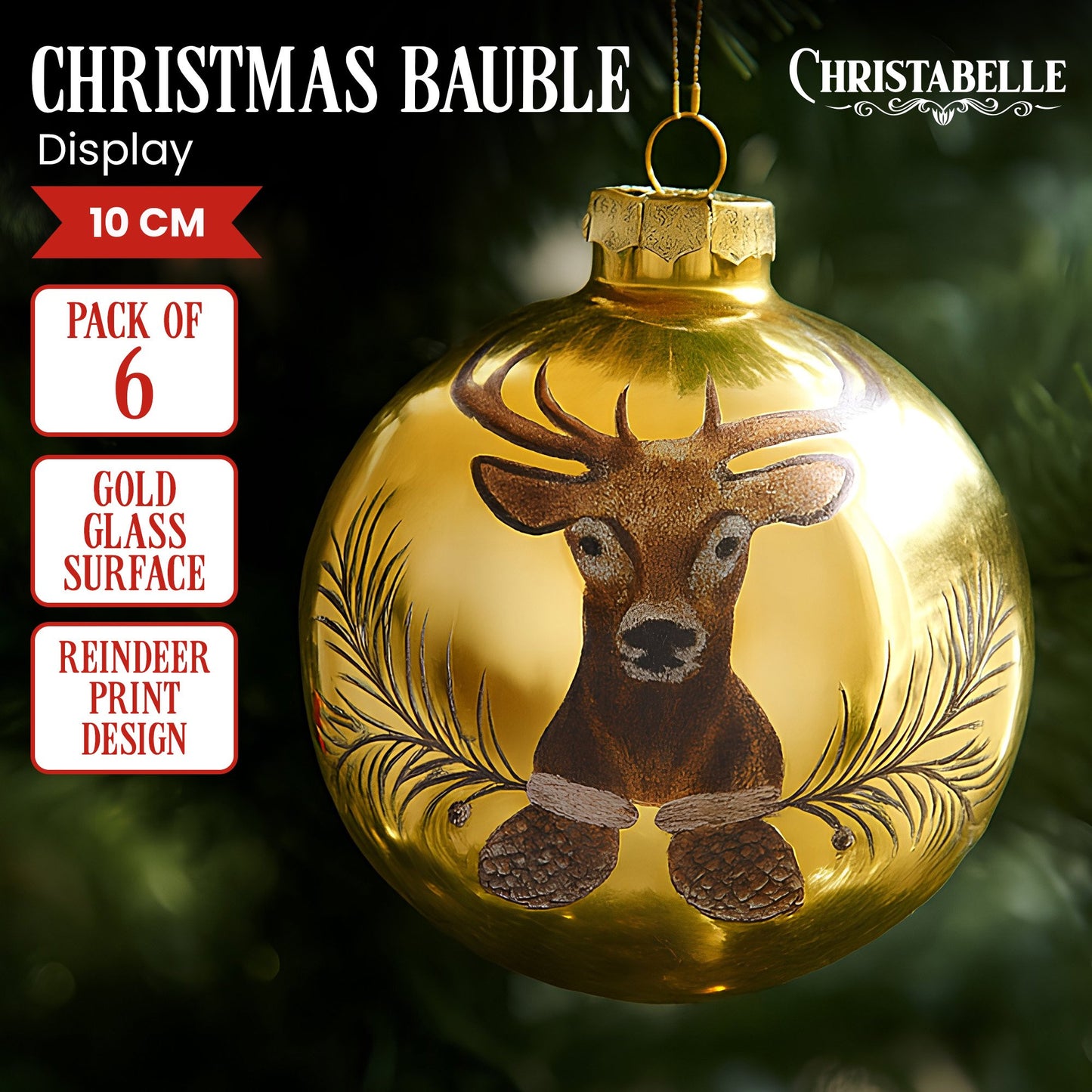 Christabelle Large Gold Glass Baubles 6Pcs with Reindeer Print Balls Christmas Tree Decoration Ornament