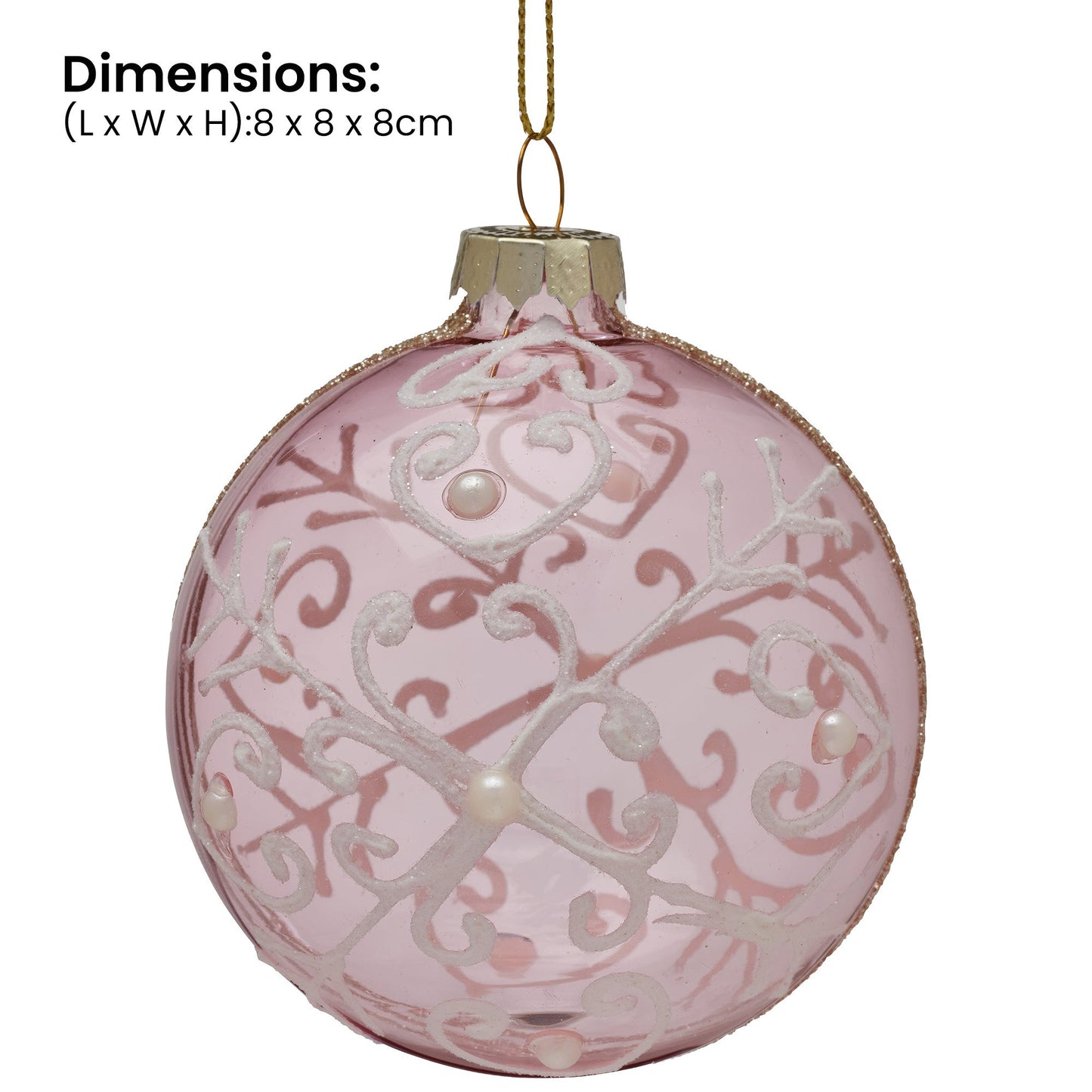 Christabelle Pink Glass Baubles 6Pcs with White Pattern & Pearls Balls Christmas Tree Decoration Ornament
