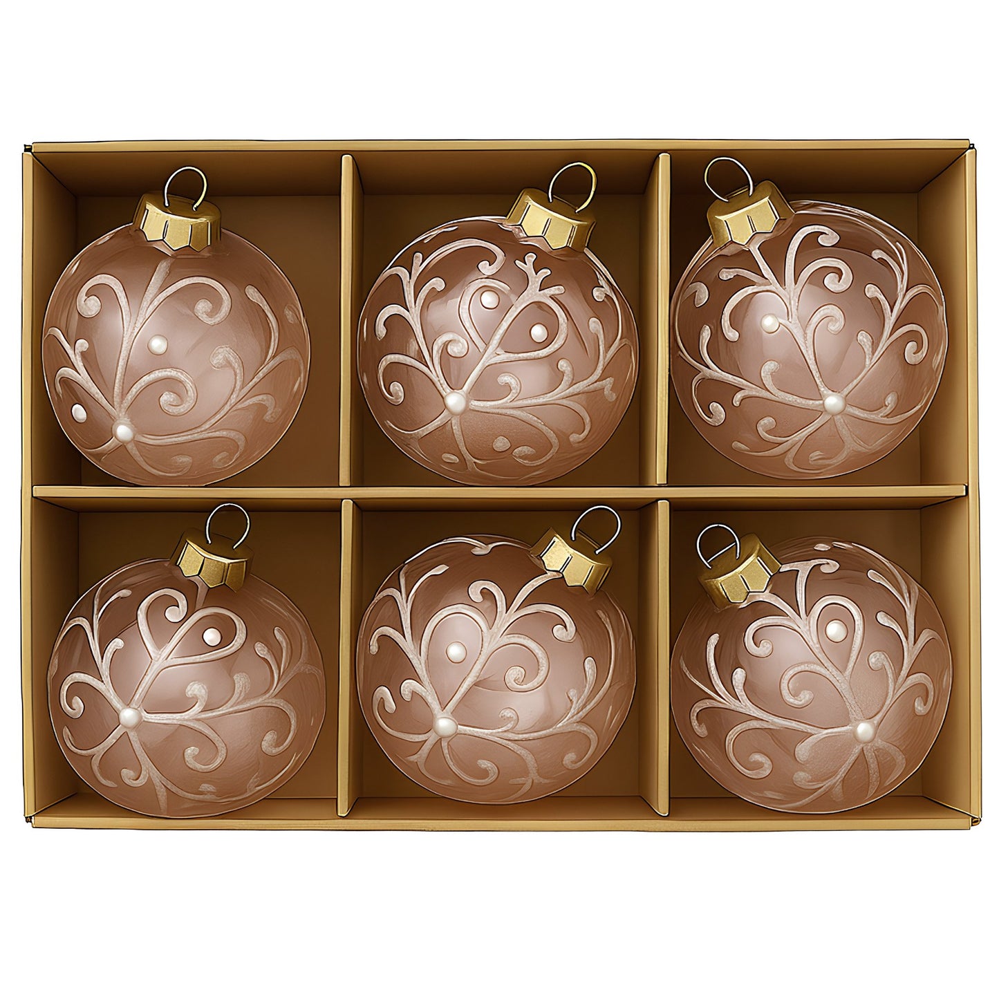 Christabelle Pink Glass Baubles 6Pcs with White Pattern & Pearls Balls Christmas Tree Decoration Ornament