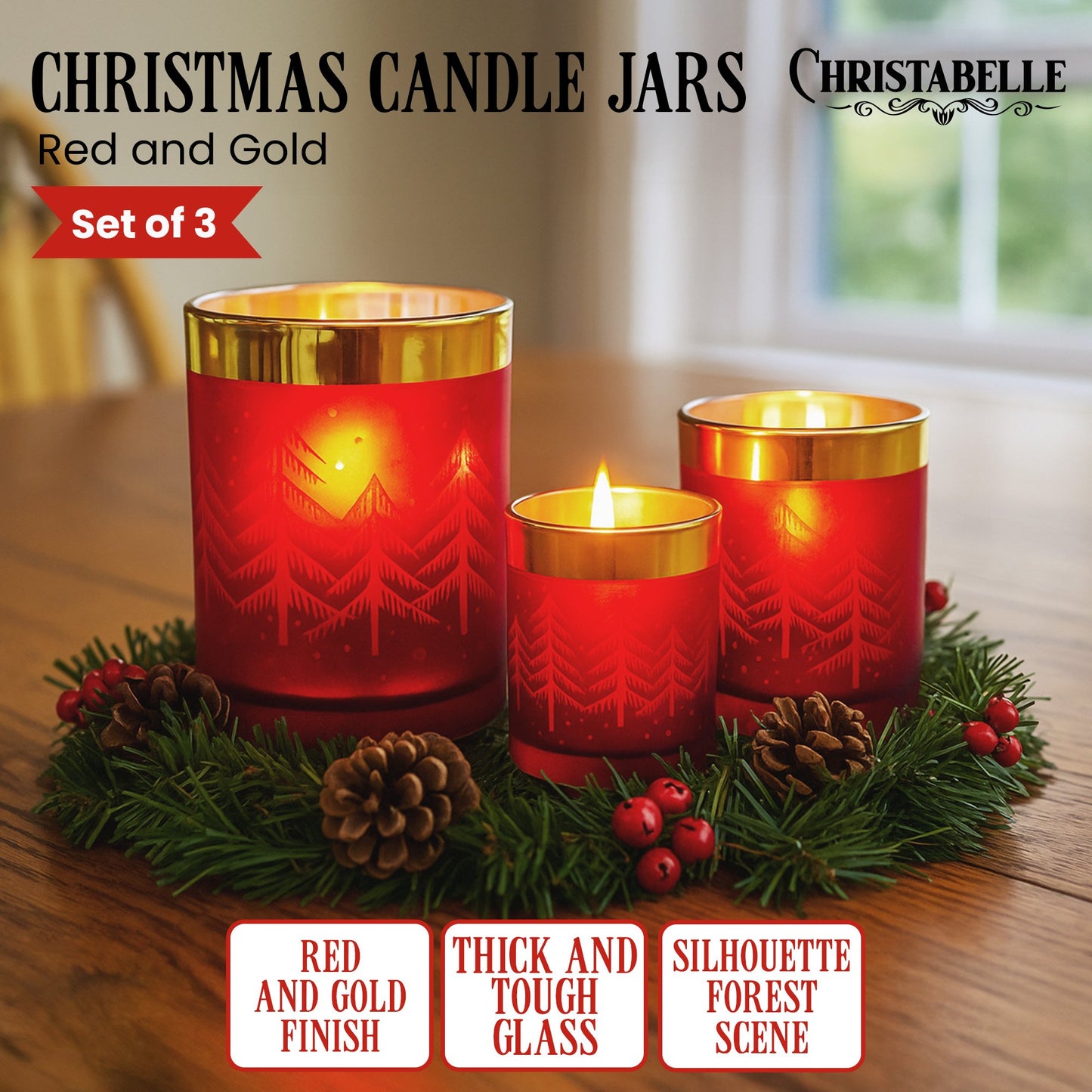 Christabelle Christmas Candle Jar Set of 3 Red and Gold Holiday Candle Holders