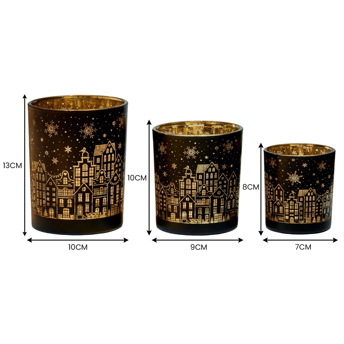 Christabelle Christmas Candle Jar Set of 3 Black and Gold Holiday Candle Holders