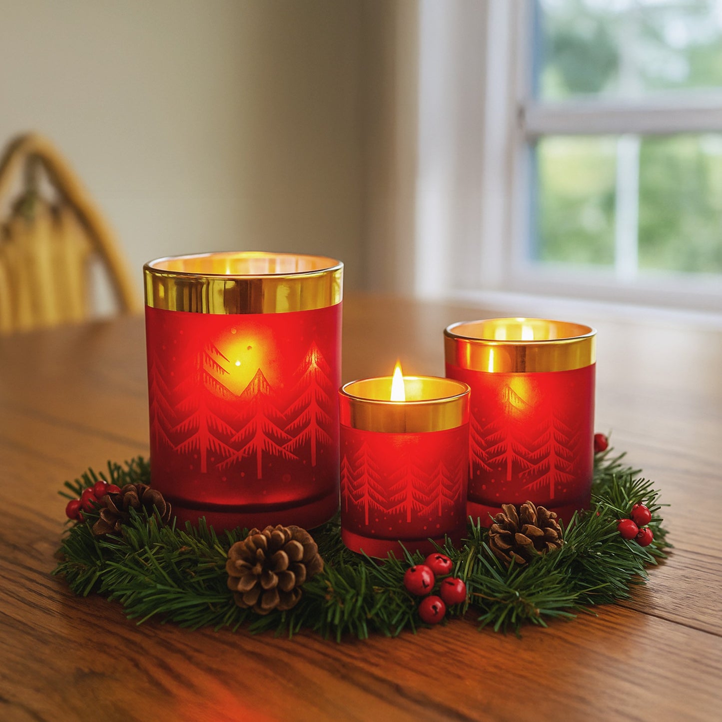 Christabelle Christmas Candle Jar Set of 3 Red and Gold Holiday Candle Holders