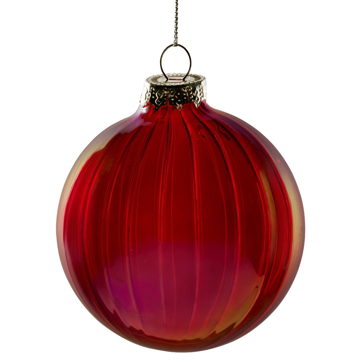 Christabelle Rich Glossy Red Glass Baubles 6Pcs with Textured Stripe Finish Balls Christmas Tree Decoration Ornament