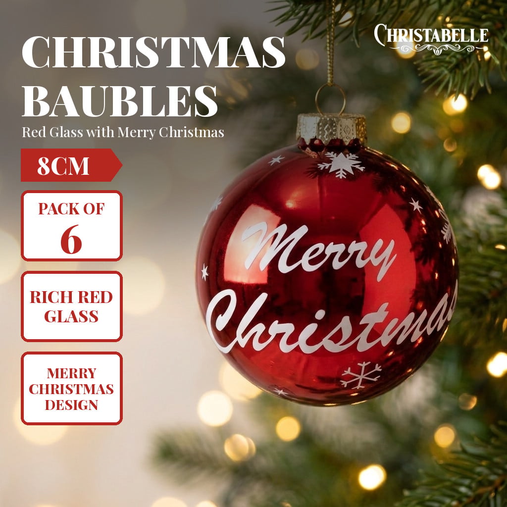 Christabelle 6 Red Glass Christmas Baubles Merry Christmas Design 8cm Xmas Tree Decorations Hanging Ornaments