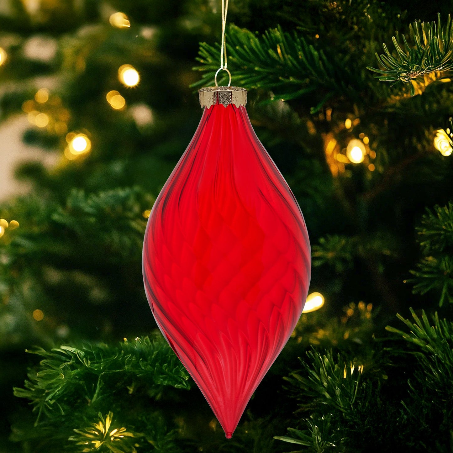 Christabelle Box of 6 Glossy Red Glass Teardrop Baubles with Swirl Pattern