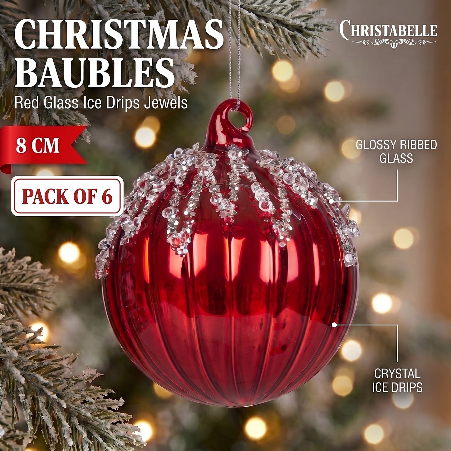 Christabelle 6 Red Glass Christmas Baubles Jewel Ice Drips 8cm Xmas Tree Decorations Hanging Ornaments Gift Boxed Set