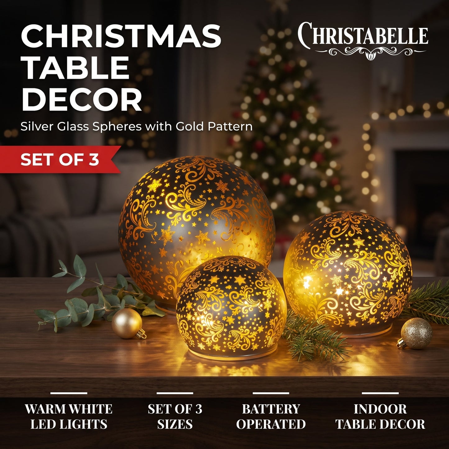 Christabelle 3 Silver Glass Christmas LED Light Up Spheres Gold Pattern Table Decor Xmas Ornaments Battery Operated