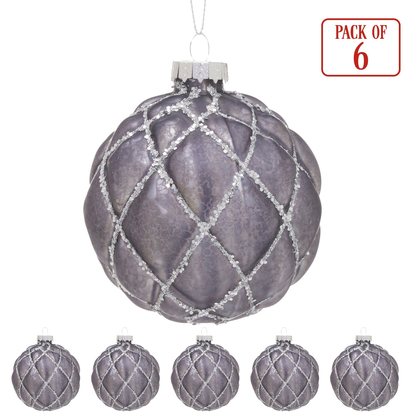 Christabelle Platinum Glass Baubles 6Pcs with Glittered Lattice Pattern Balls Christmas Tree Decoration Ornament