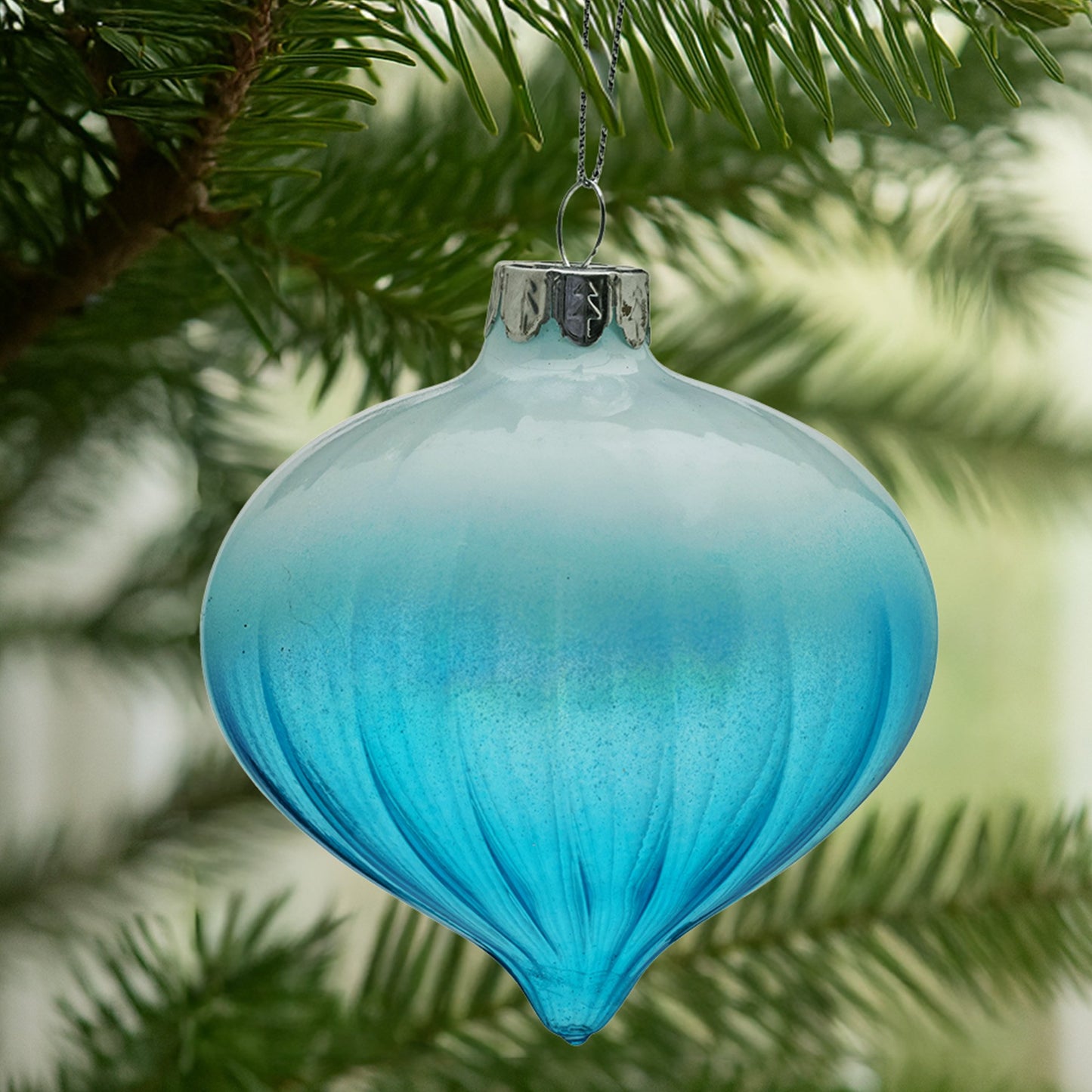 Christabelle Box of 6 Teal Ombre Glass Onion Baubles with Spiral Stripes