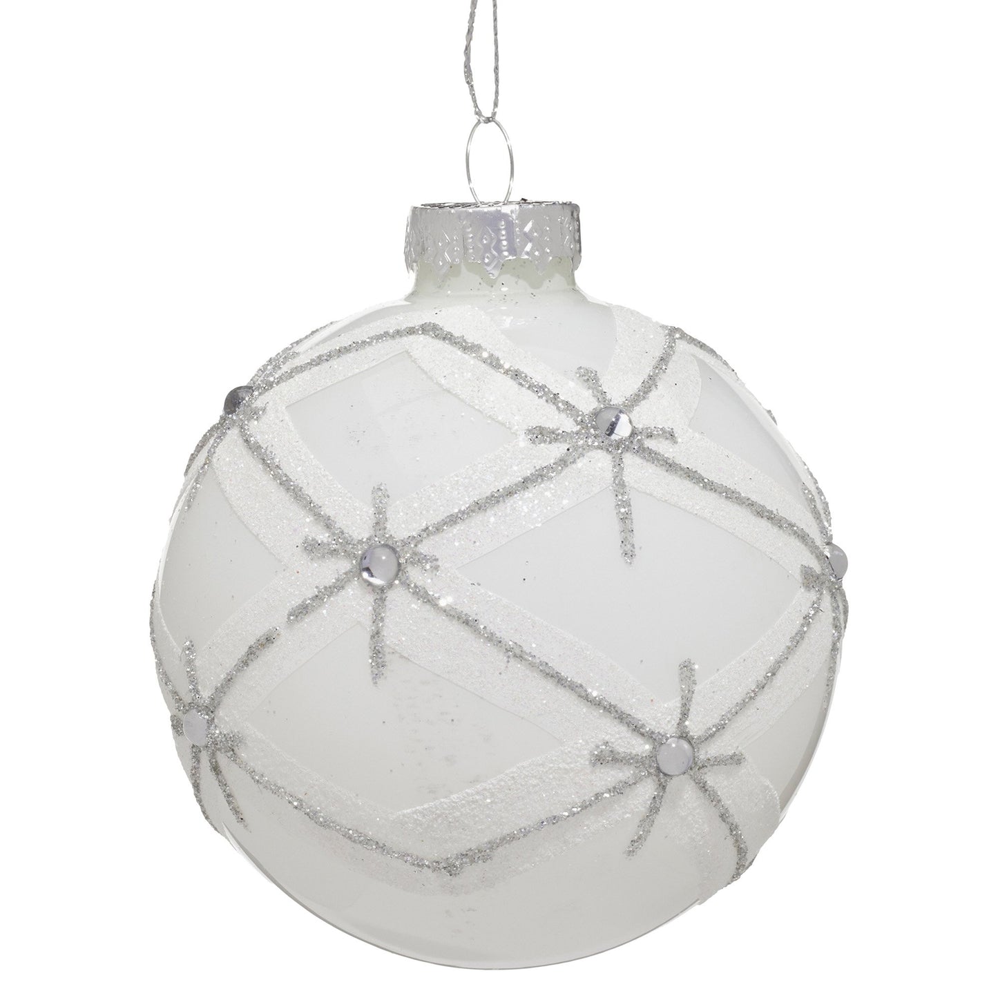 Christabelle Matt White Glass Baubles 6Pcs with Glitter Pattern & Pearls Balls Christmas Tree Decoration Ornament