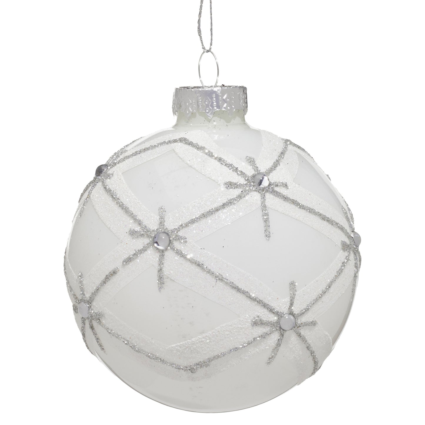 Christabelle Matt White Glass Baubles 6Pcs with Glitter Pattern & Pearls Balls Christmas Tree Decoration Ornament