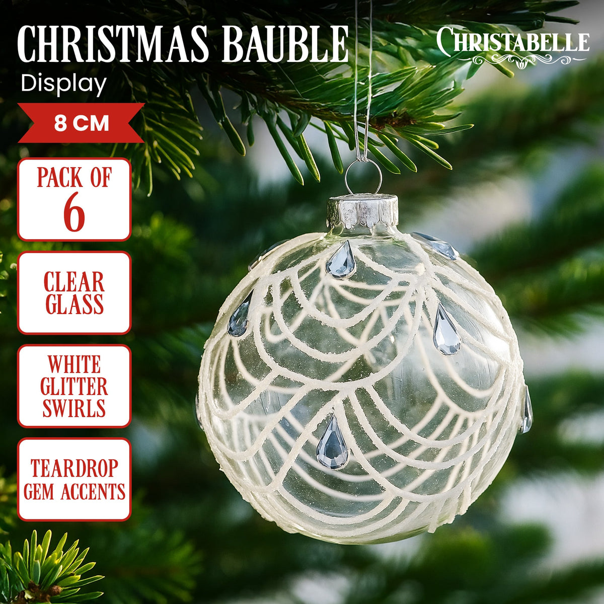 Christabelle Clear Glass Baubles 6Pcs with White Swirls & Teardrop Gems Balls Christmas Tree Decoration Ornament