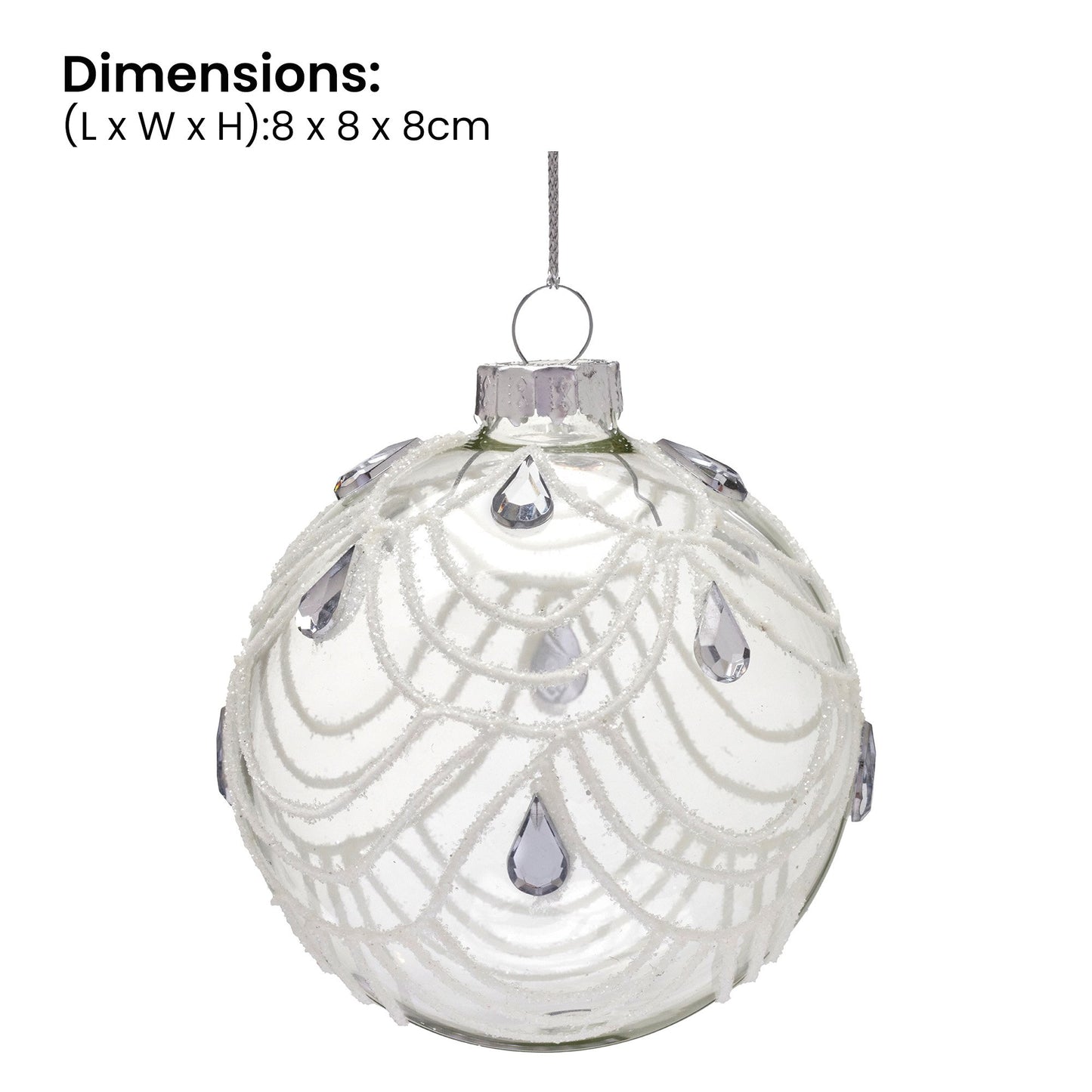 Christabelle Clear Glass Baubles 6Pcs with White Swirls & Teardrop Gems Balls Christmas Tree Decoration Ornament