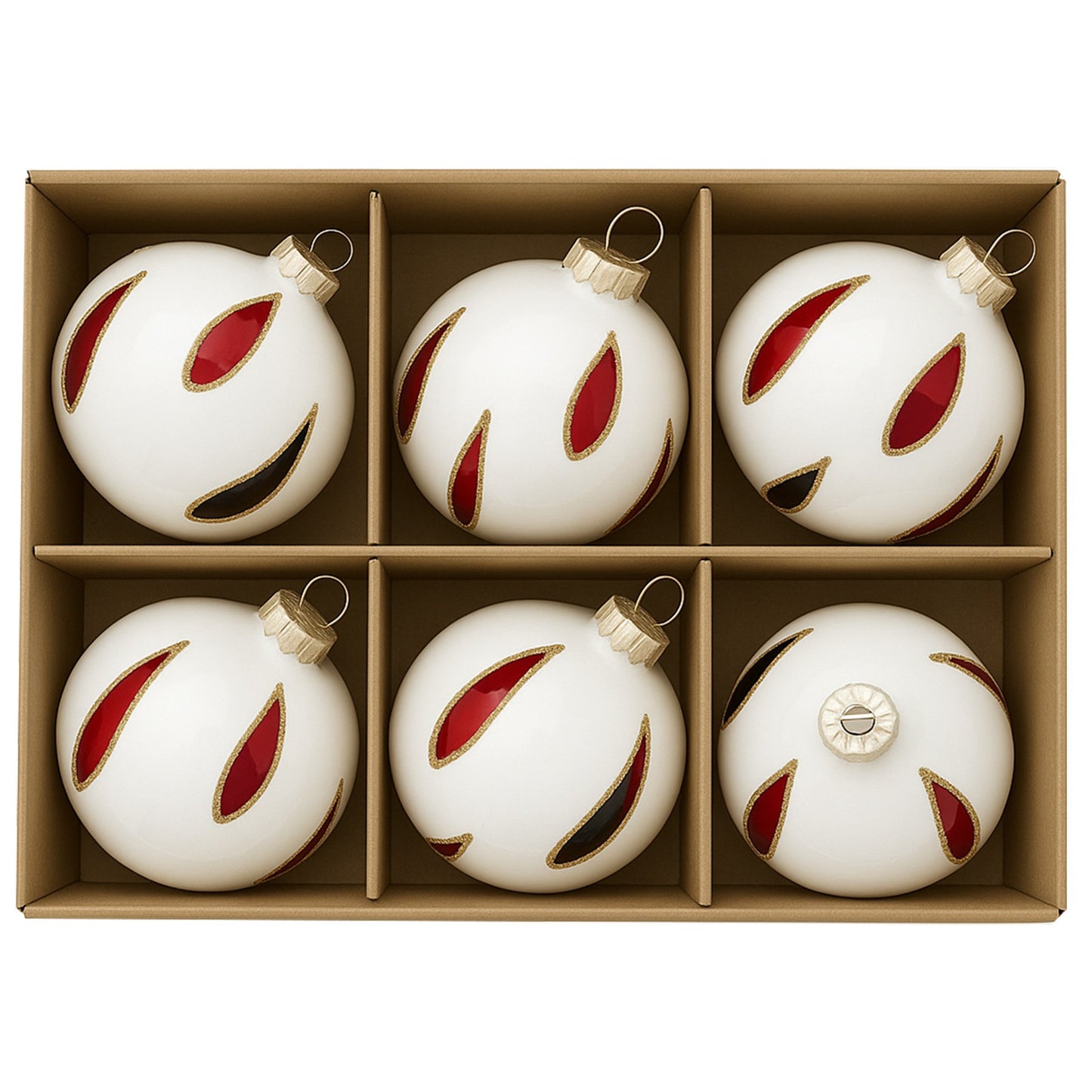 Christabelle White Glass Baubles 6Pcs with Red & Black Teardrops Balls Christmas Tree Decoration Ornament