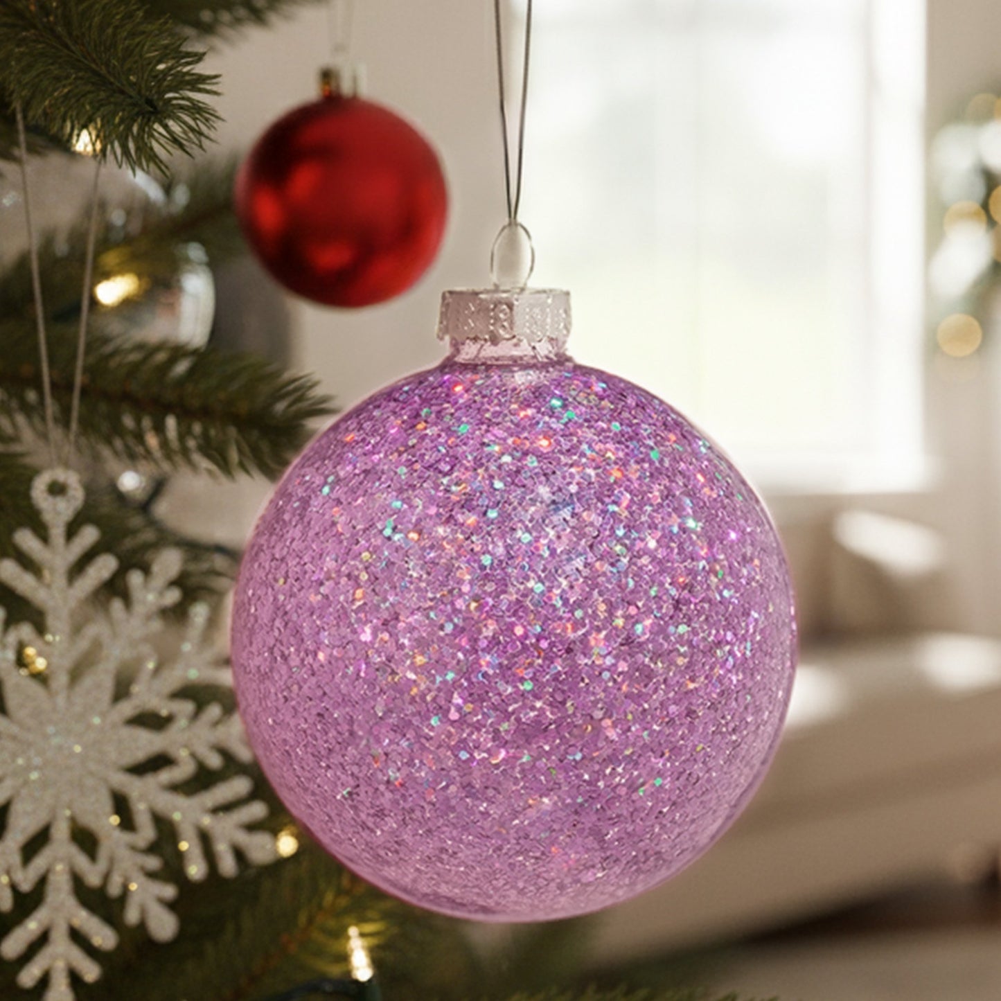 Christabelle Box of 6 Purple Glass Baubles with Glittered Surface