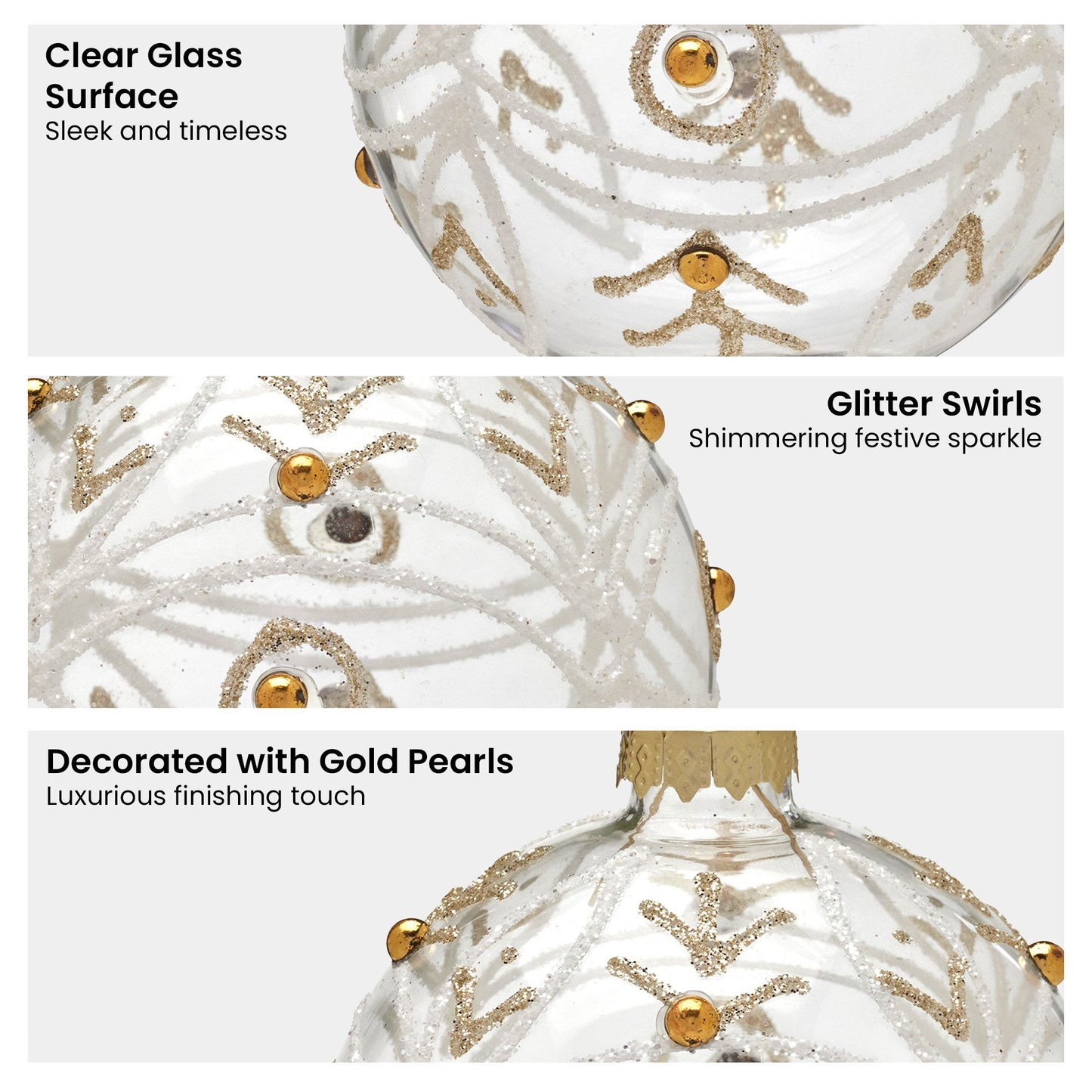 Christabelle Box of 6 Clear Glass Baubles with Glitter Swirls and Gold Pearls