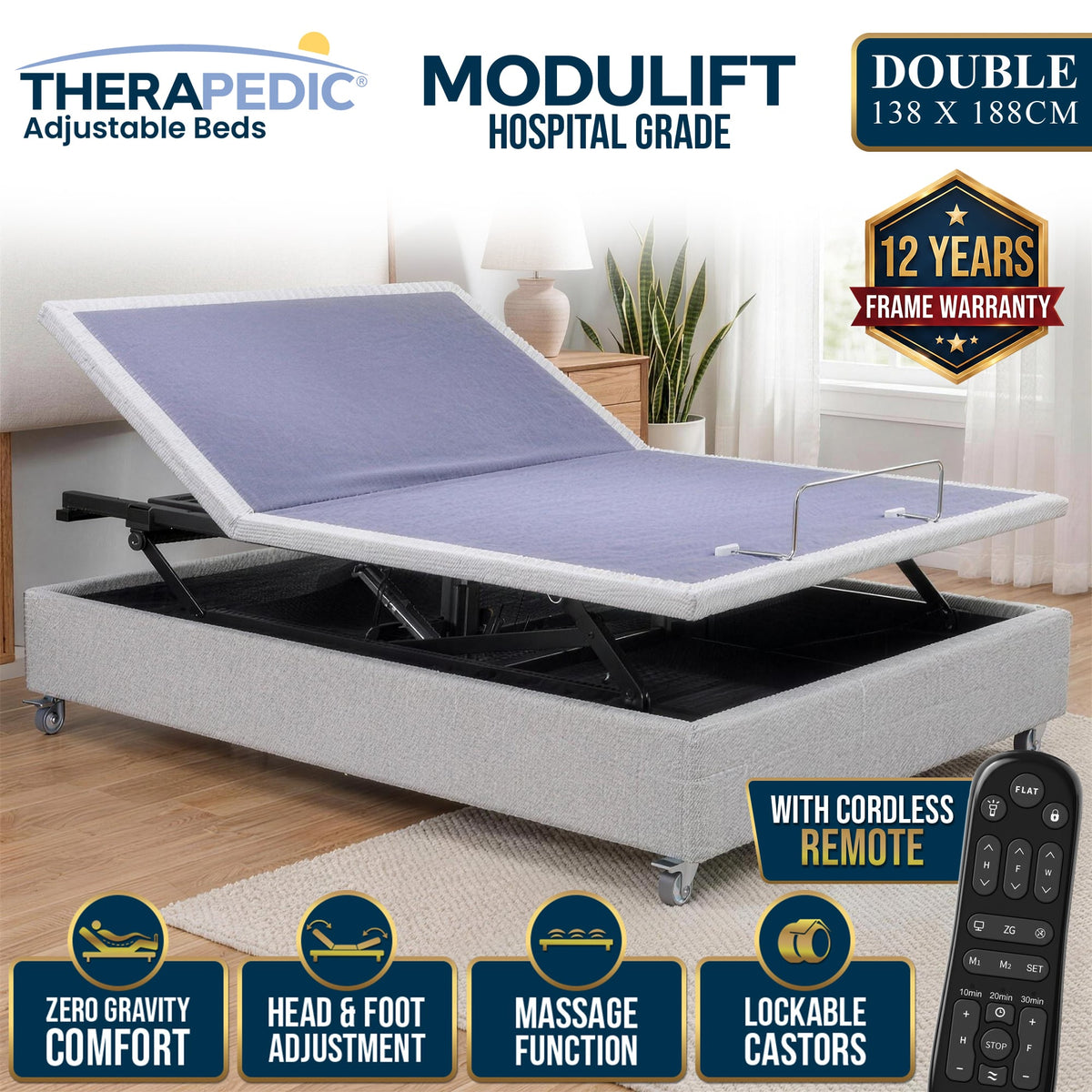 Sleep Australasia Therapedic Modulift Hospital Grade Double Electric Adjustable Bed Base with Massage & Wireless Remote