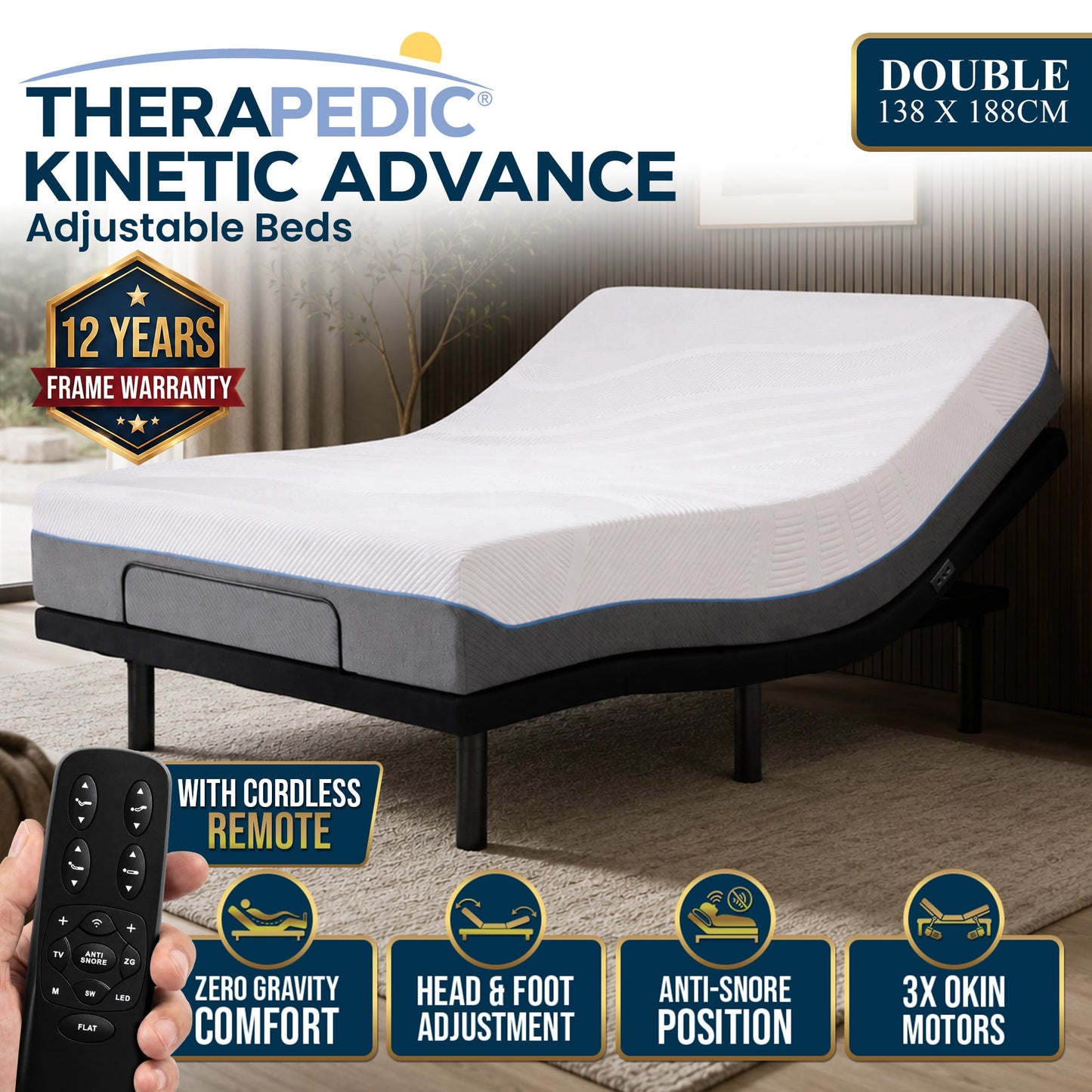 Therapedic Kinetic Advance Adjustable Double Bed Base with Head Tilt