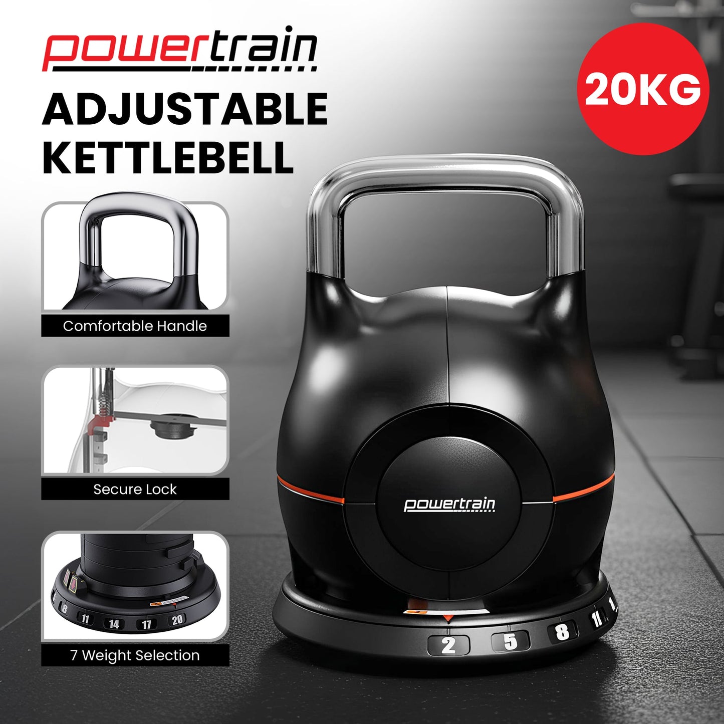 Powertrain Adjustable Kettlebell 20kg 7 in 1 Weight Selection Set Quick One Hand Adjustment Secure Locking System