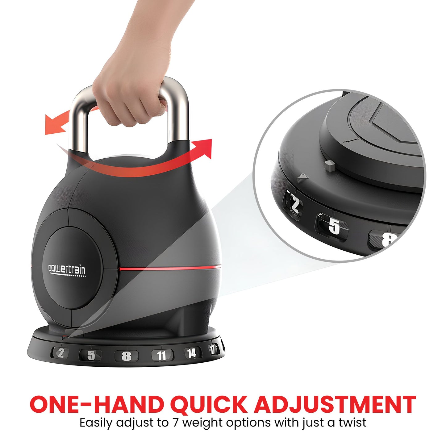 Powertrain Adjustable Kettlebell 20kg 7 in 1 Weight Selection Set w/Quick One Hand Adjustment Secure Locking System