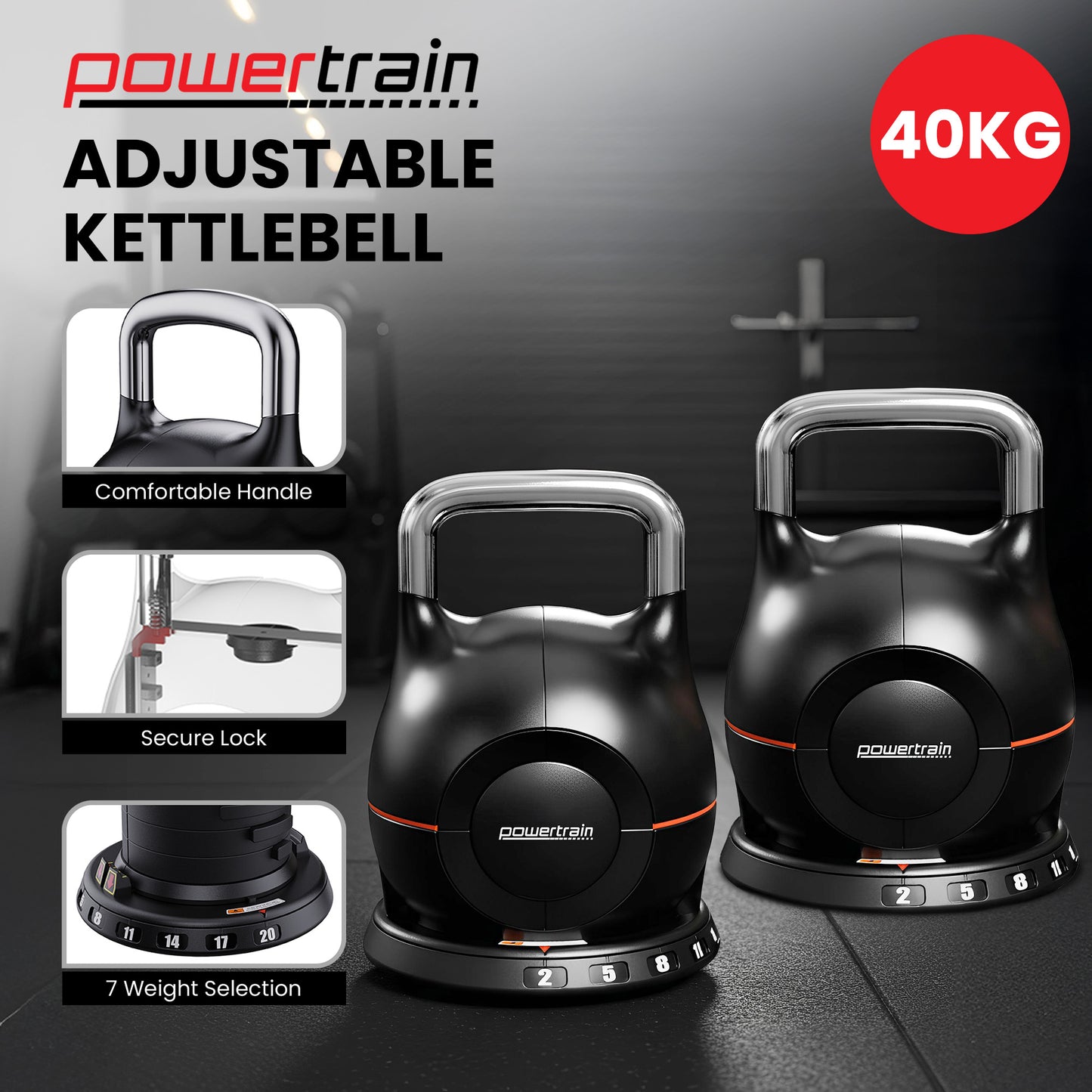 Powertrain 2x 40kg Adjustable Kettlebell One Hand Adjustment Weight Set