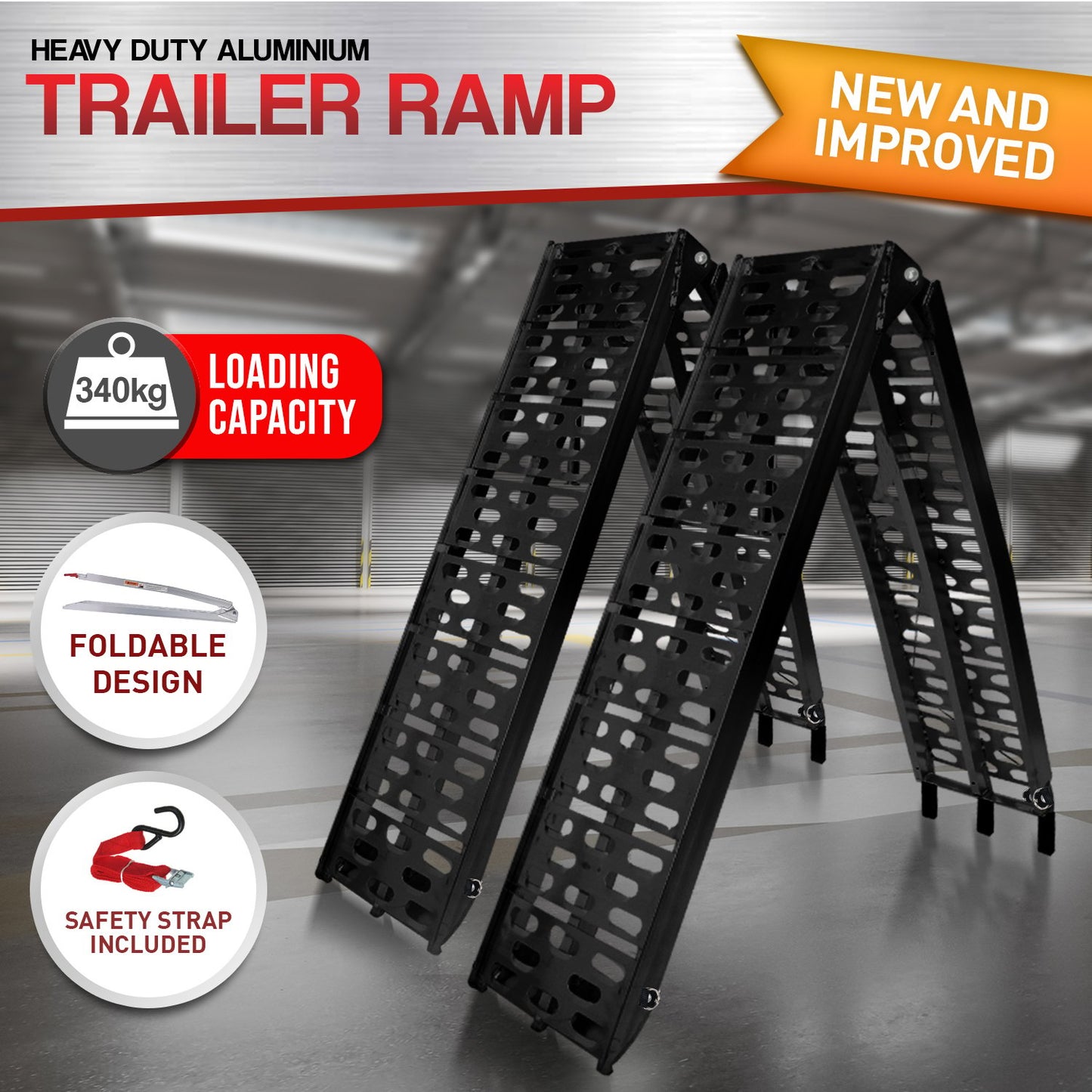 2x Aluminium ATV Loading Ramp Foldable - Black