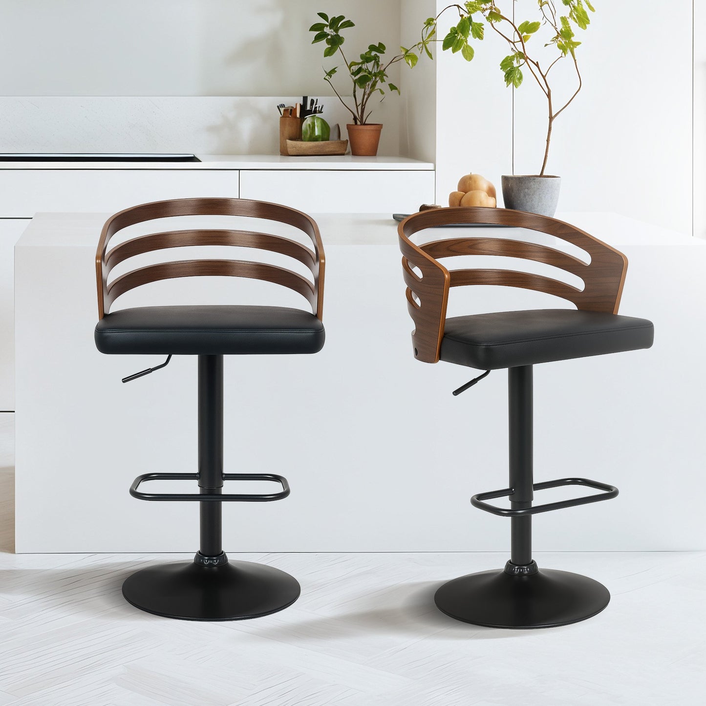 Sarantino Set of 2 Bentwood Walnut Barstool Leather Seat and Metal Base
