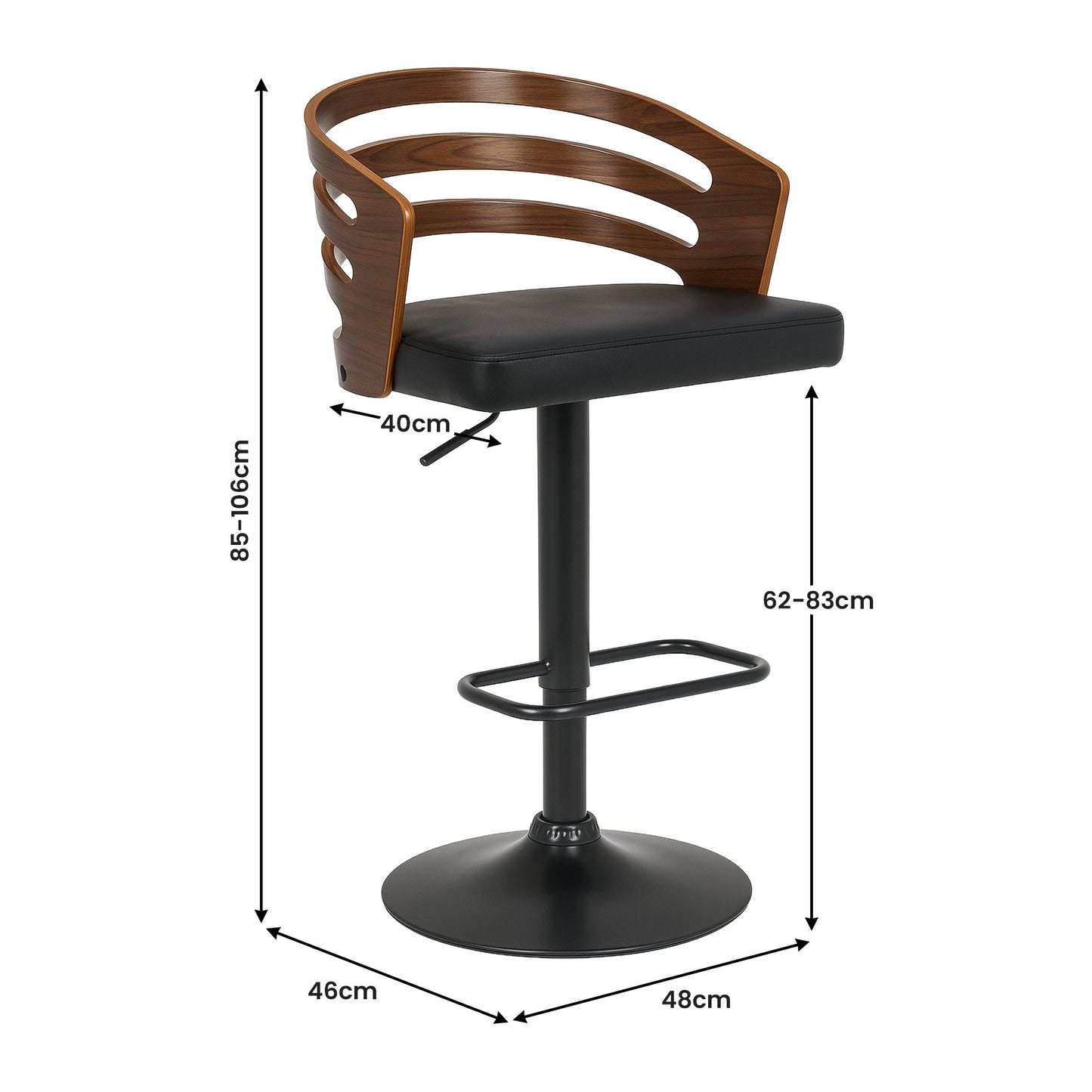 Sarantino Set of 2 Bentwood Walnut Barstool Leather Seat and Metal Base