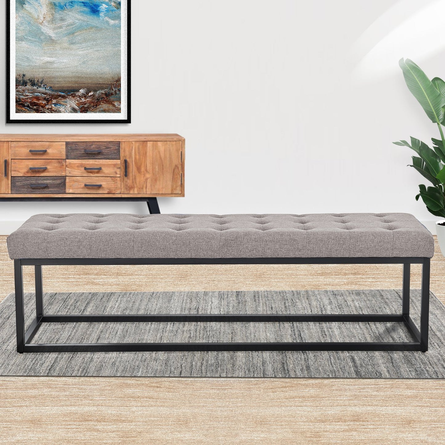 Cameron Button-Tufted Upholstered Bench with Metal Legs - Light Grey