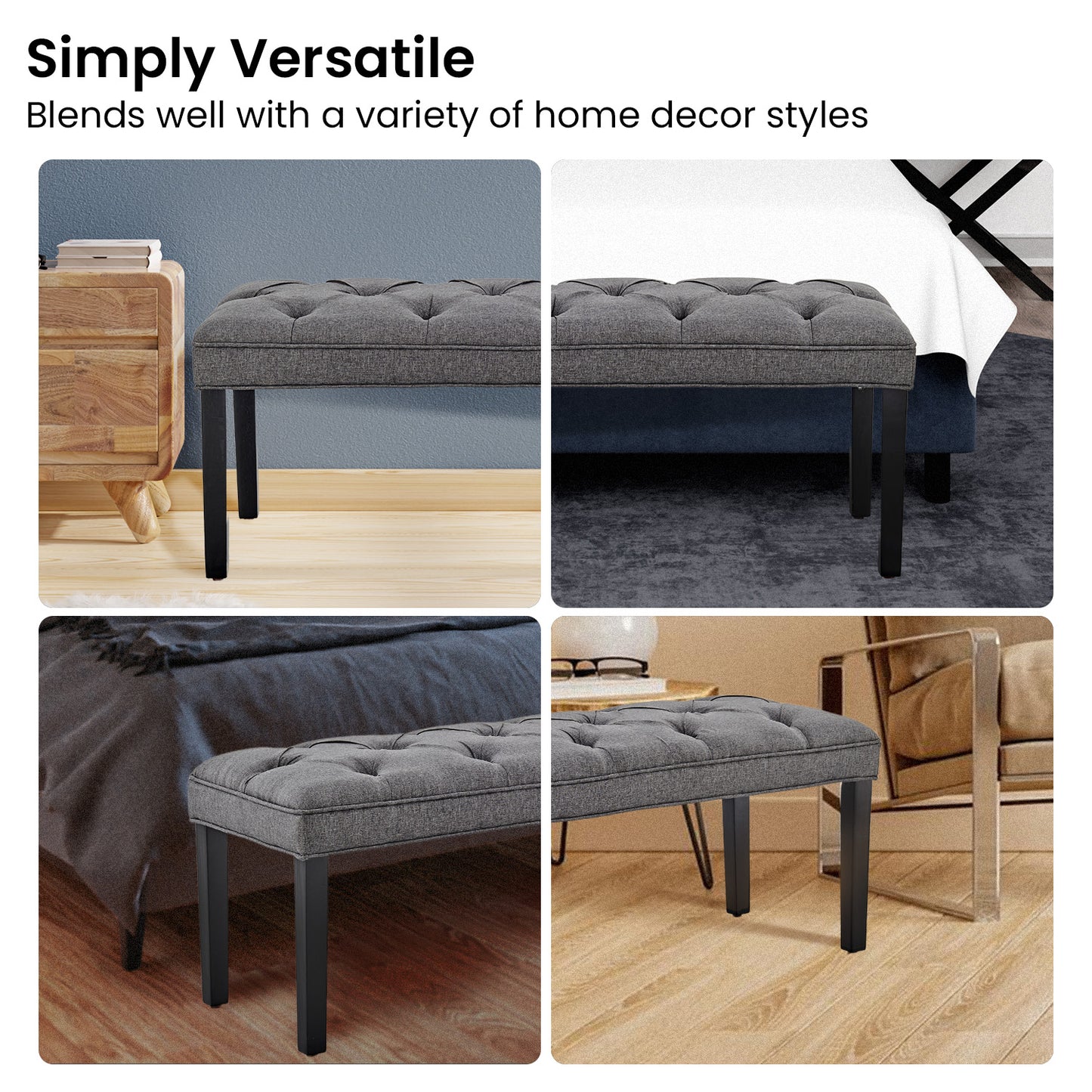 Cate Button-Tufted Upholstered Bench by Sarantino - Dark Grey