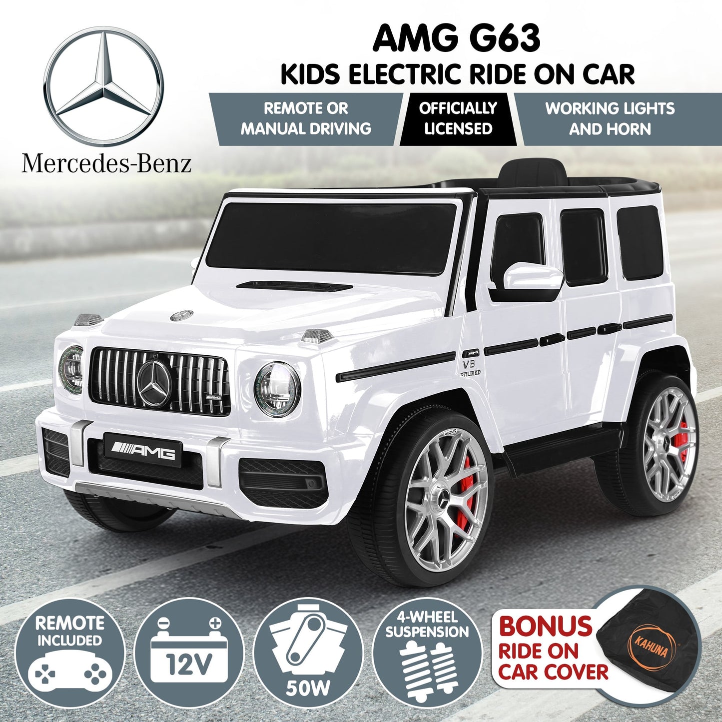 Kahuna Mercedes Benz AMG G63 Kids Electric Ride On Car Remote Control - White