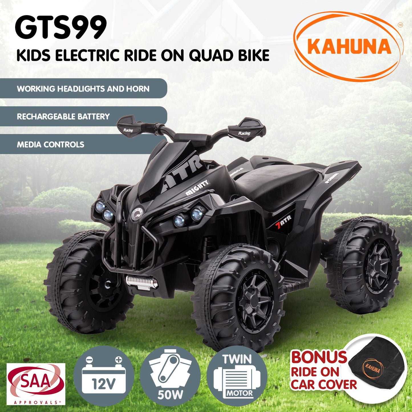 Kahuna GTS99 Kids Toy Electric Ride On Quad Bike 50W ATV - Black