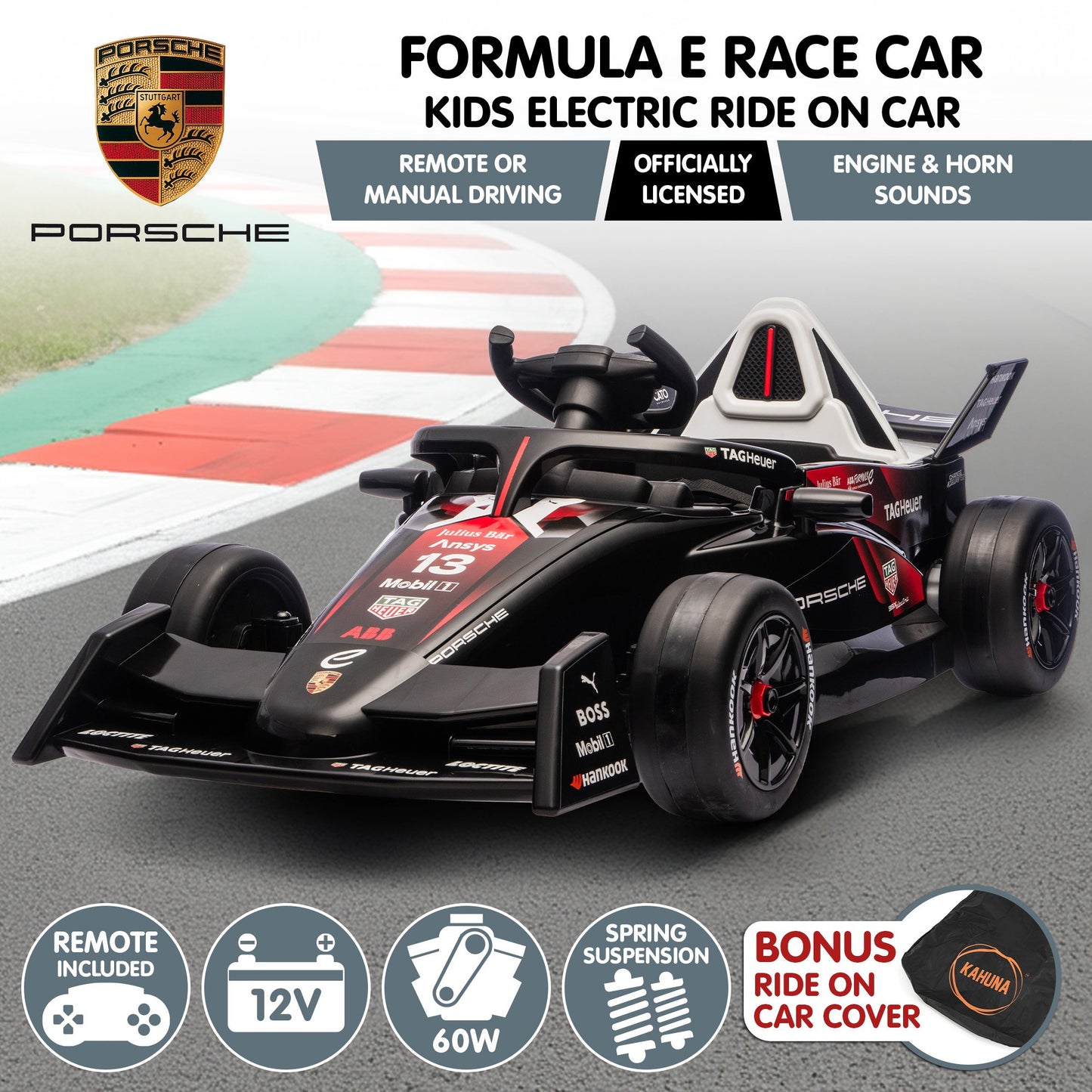 Kahuna Porsche Formula E Kids Electric Ride On Car Remote Control 60W Dual Motors MP3 Player Suspension & Seat Belt