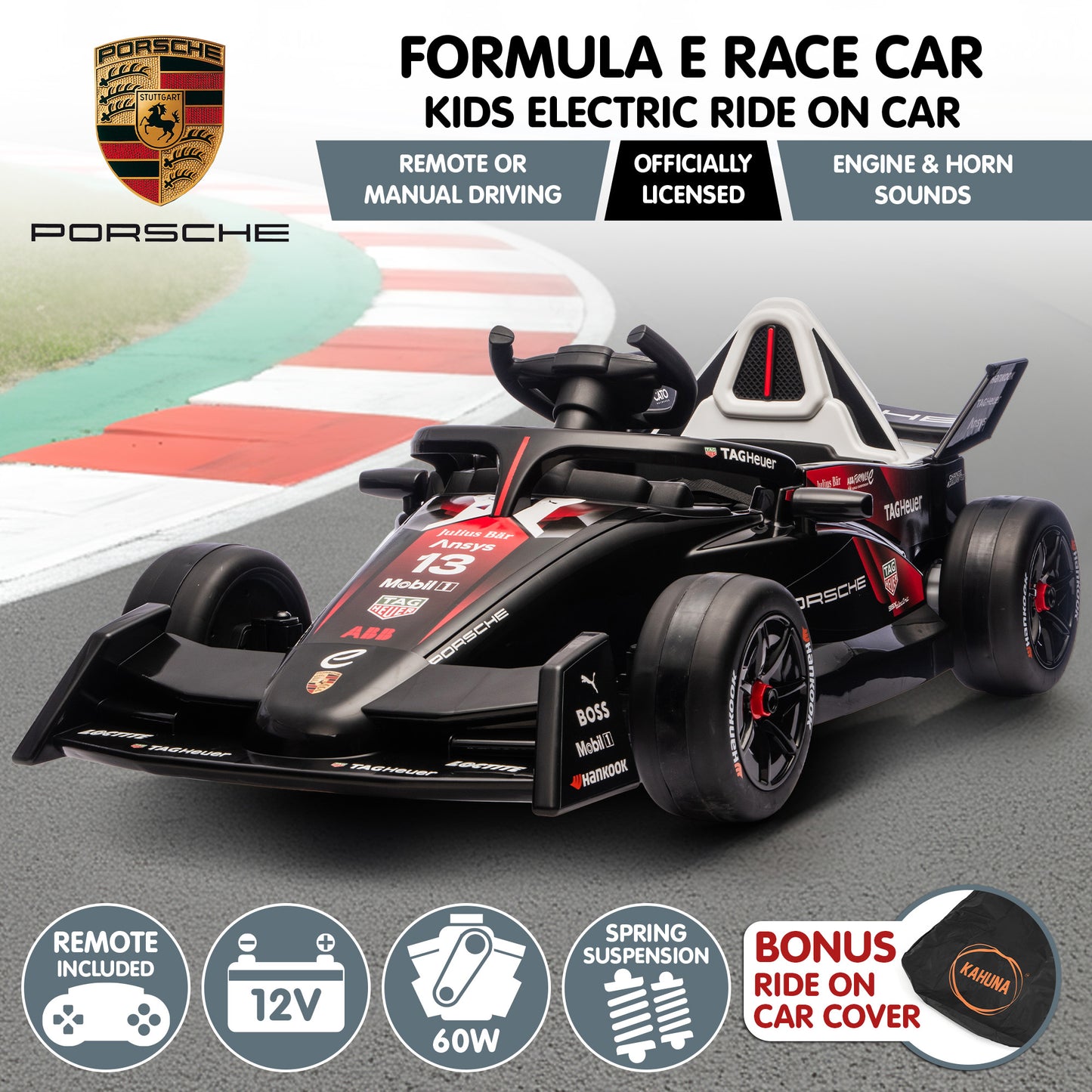 Kahuna Porsche Formula E Kids Electric Ride On Car Remote Control 60W Dual Motors MP3 Player Suspension & Seat Belt