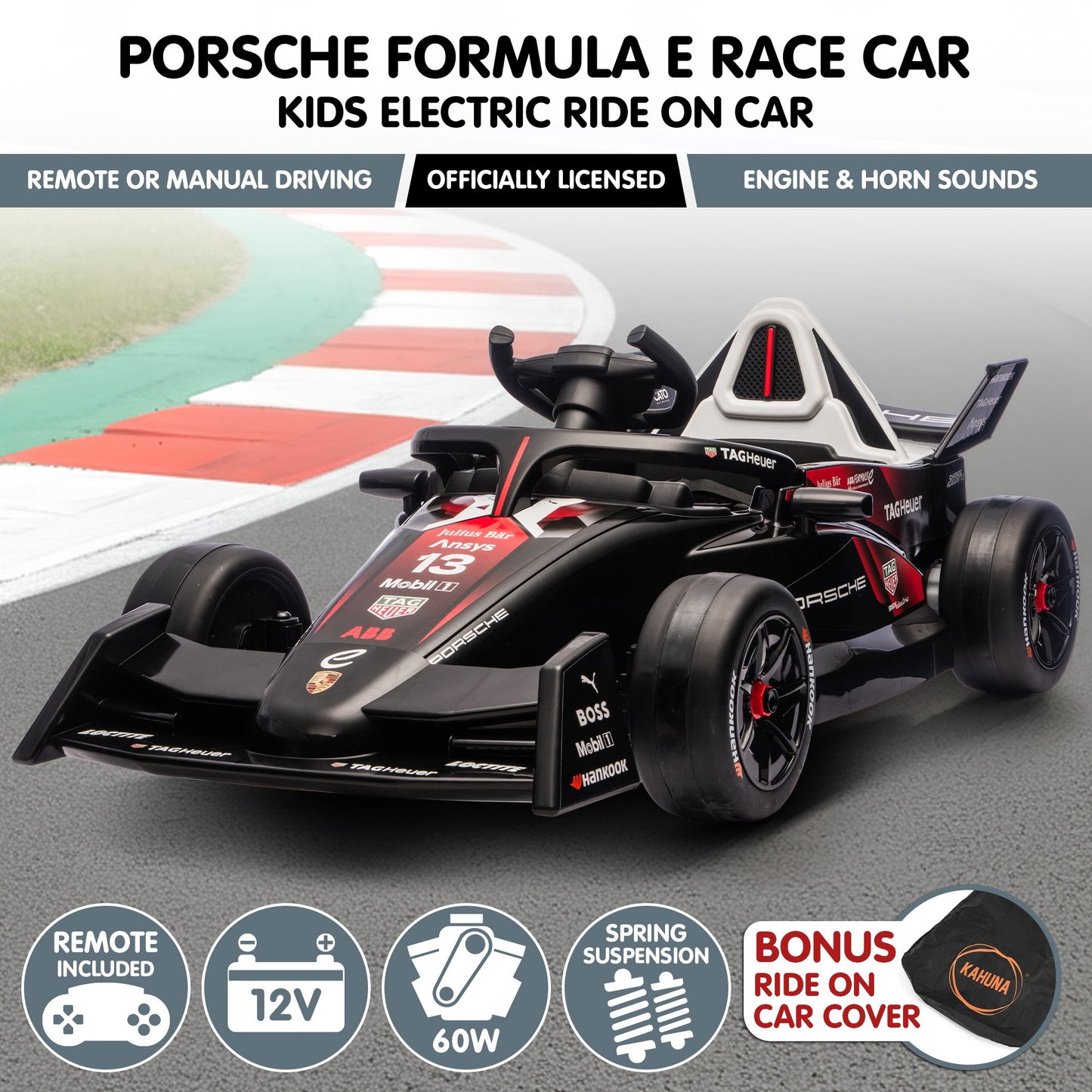 Kahuna Porsche Formula E Kids Electric Ride On Car Remote Control 60W Dual Motors MP3 Player Suspension & Seat Belt